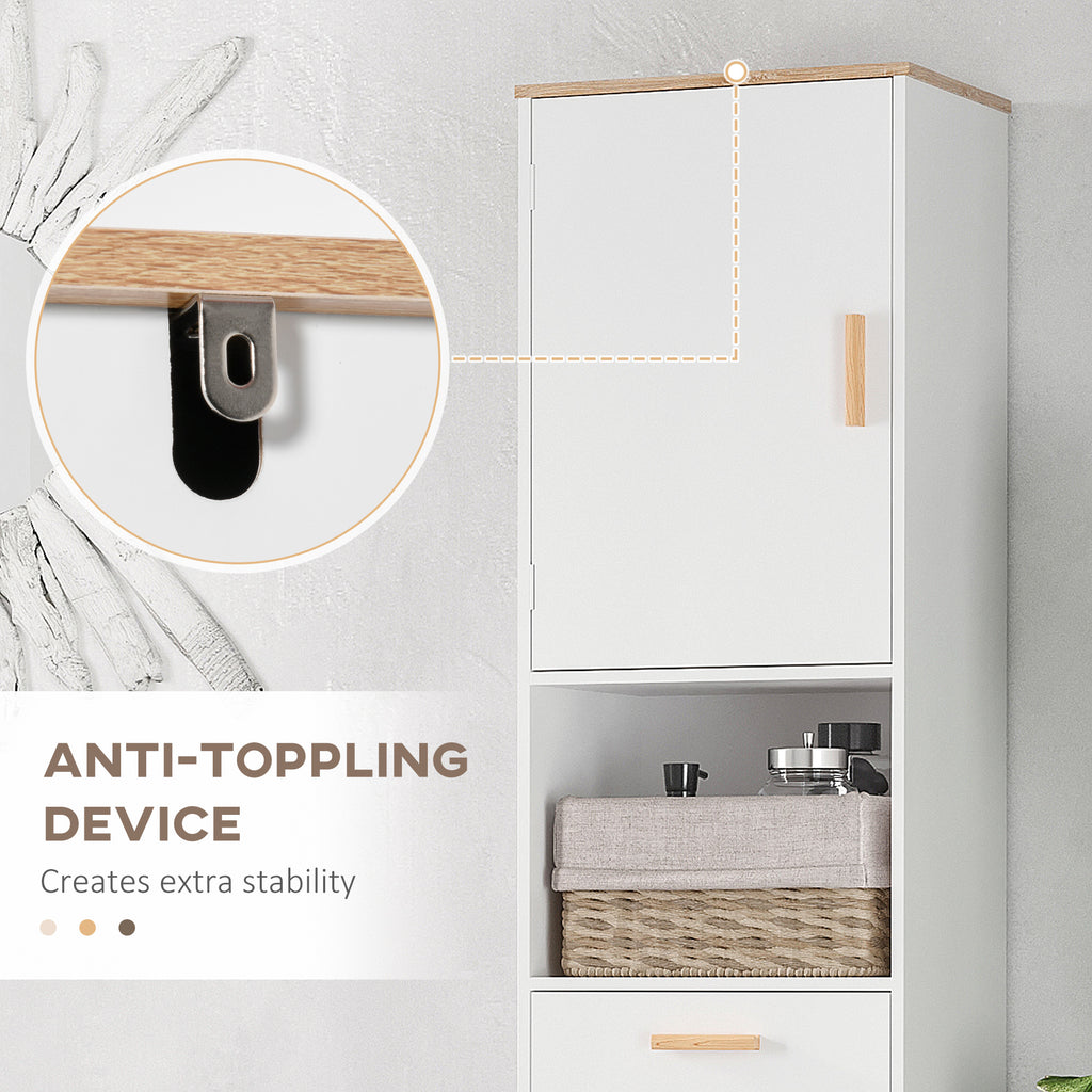Bathroom Storage Cabinet with Cupboards and Drawer, Floor Free Standing Linen Tower, Tall Slim Side Organizer Shelves, White