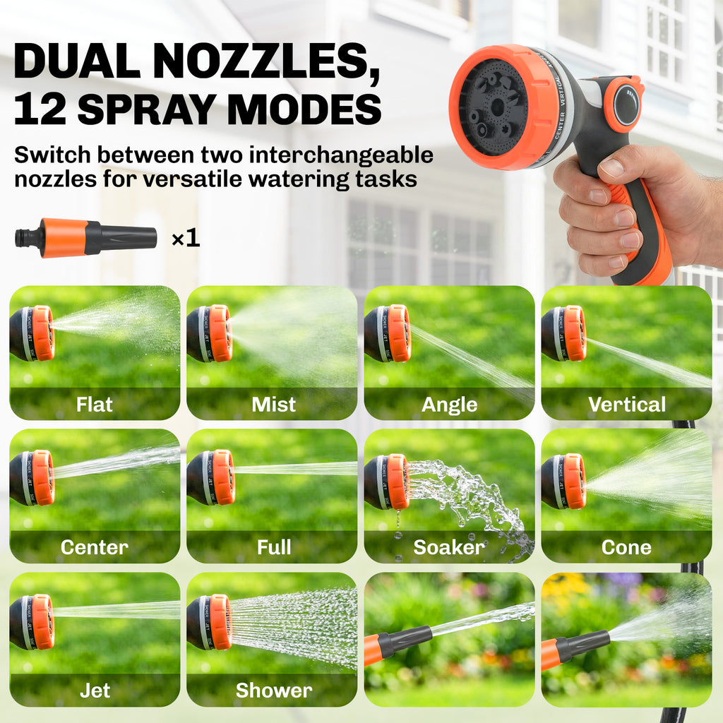Retractable Garden Hose Reel, 1/2" x 59ft Wall Mounted Hose Reel with 12-Pattern Nozzles, Auto Retraction, Self-Locking
