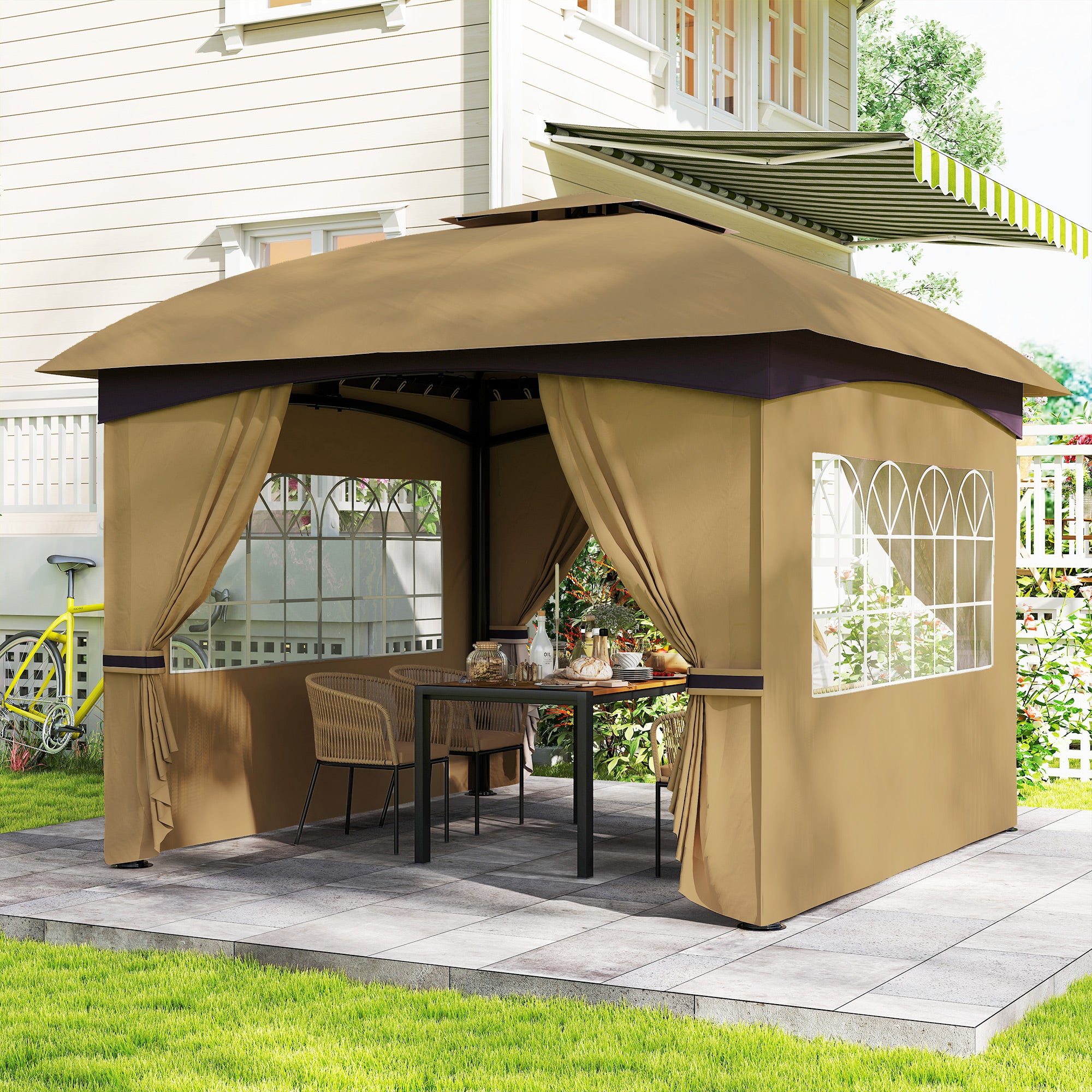 11' x 11' OutdoorÂ Gazebo,Â DoubleÂ Roof Patio Gazebo Canopy with Curtains, Church Windows, Galvanised Steel Frame, Beige