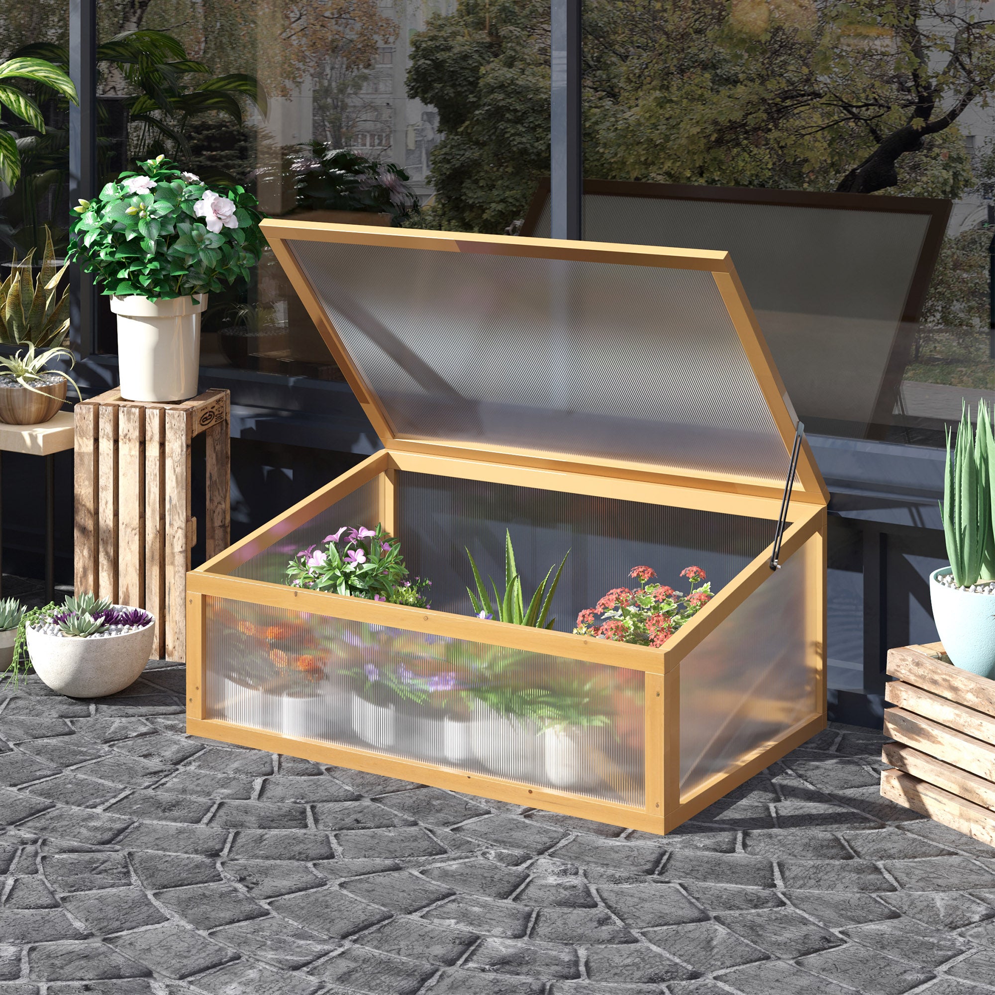 Wooden Cold Frame Greenhouse Garden Portable Raised Planter with Openable Top for Indoor, Outdoor, Flowers, Vegetables, Plants, 35.5"x23.5"x15.75", Light Brown