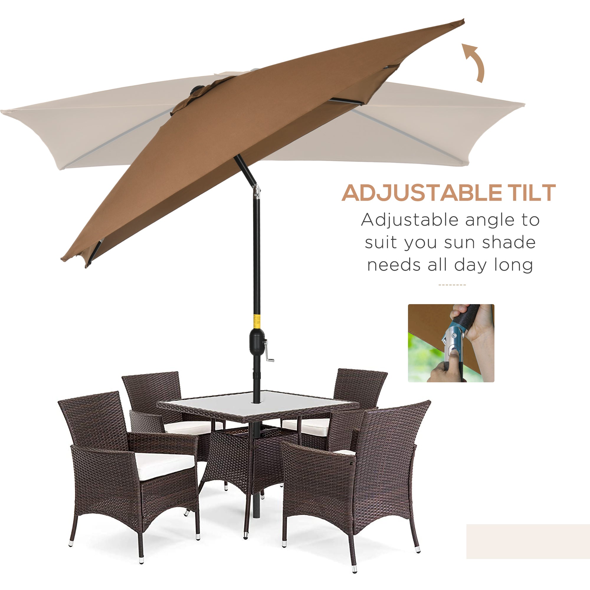 6.5x10ft Rectangle Aluminum Tilt Patio Umbrella, Garden Market Parasol, Outdoor Sunshade Canopy with Crank, Coffee