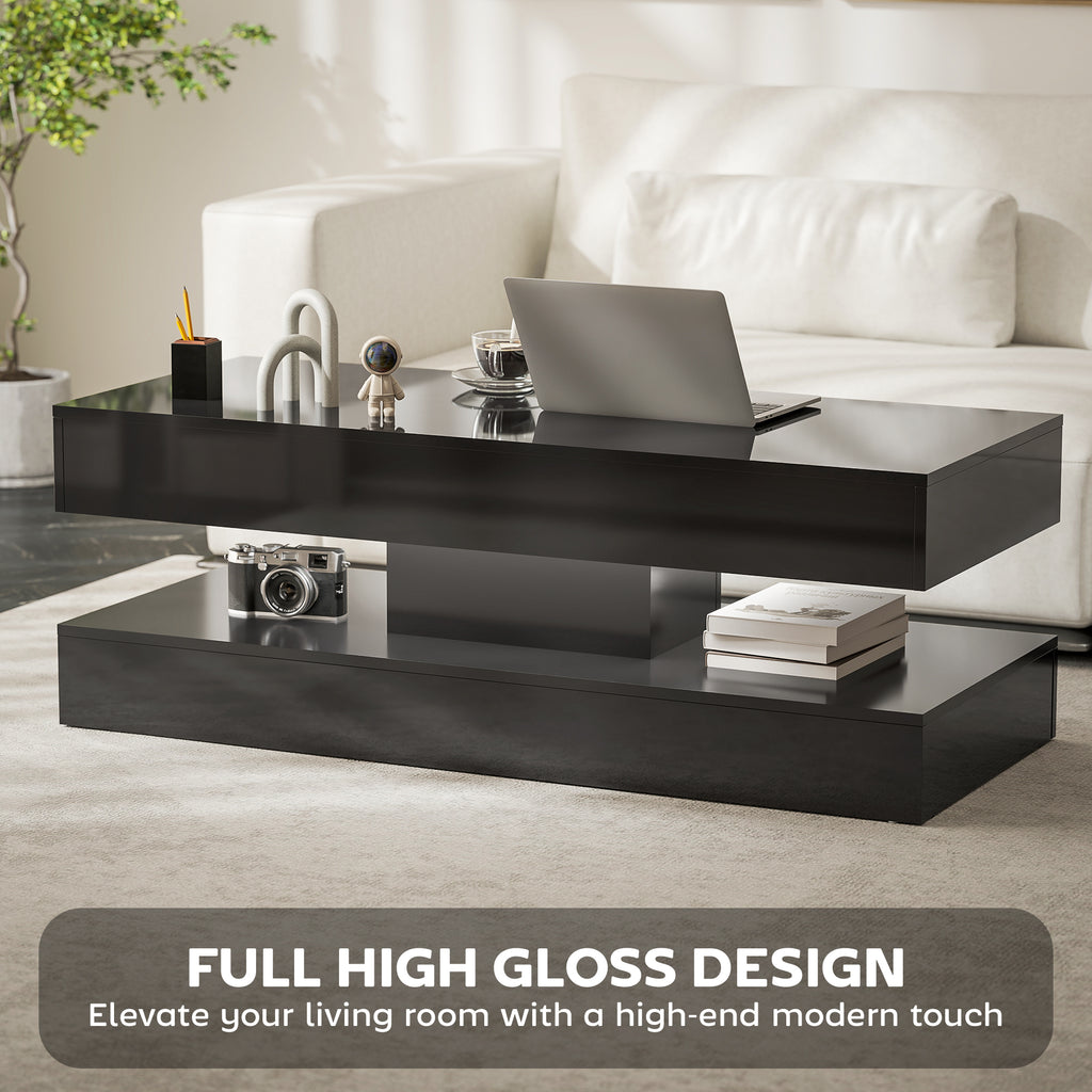 Coffee Table with Adjustable LED Lights, Modern Living Room Table with 2 Drawers, Open Shelf, Remote, High Gloss Black