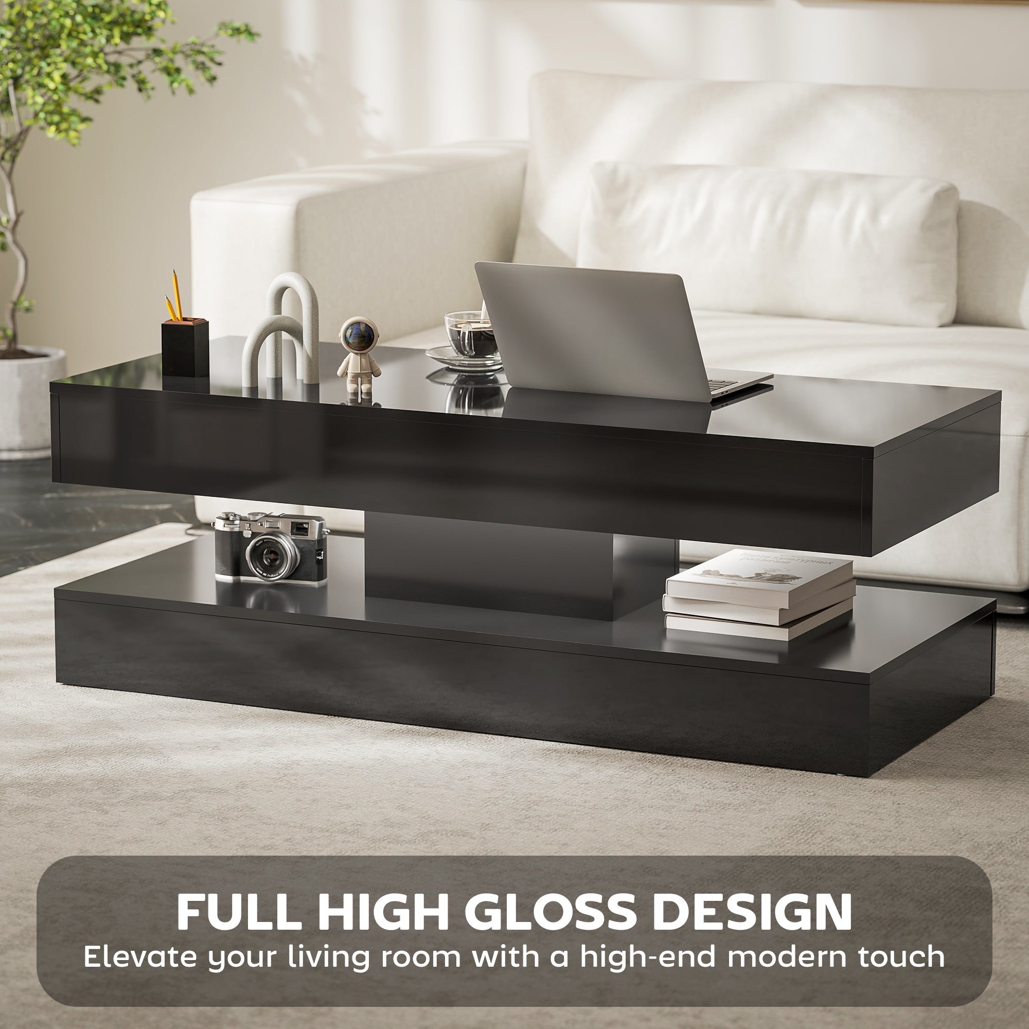 Coffee Table with Adjustable LED Lights, Modern Living Room Table with 2 Drawers, Open Shelf, Remote, High Gloss Black