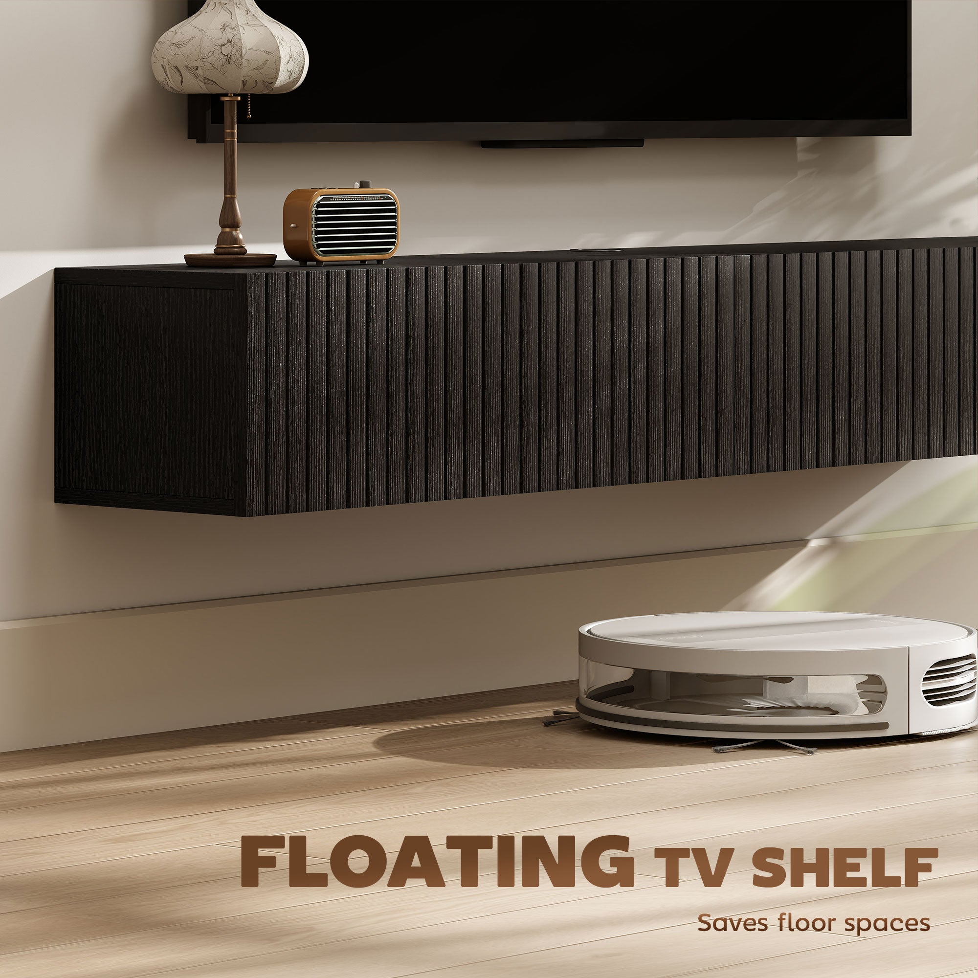 55" Floating TV Stand for TVs up to 72 Inch, Wall Mount Media Console with 2 Fluted Flip-Down Doors, Cable Hole, Black