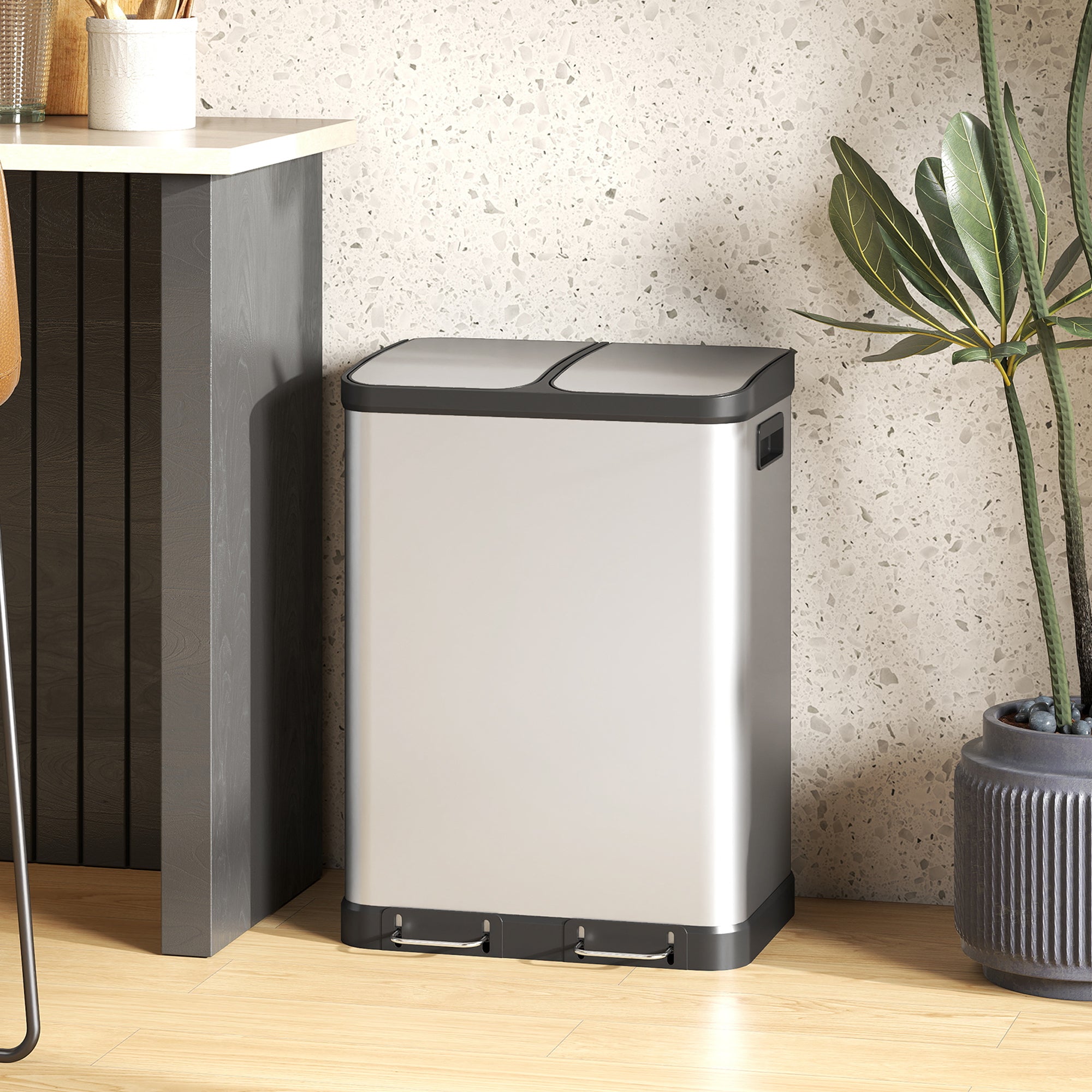 Kitchen Garbage Bin, 2 x 7.9 Gal (2 x 30 L) Trash Can, Soft-Close Garbage Can with Removable Inner Buckets, Silver