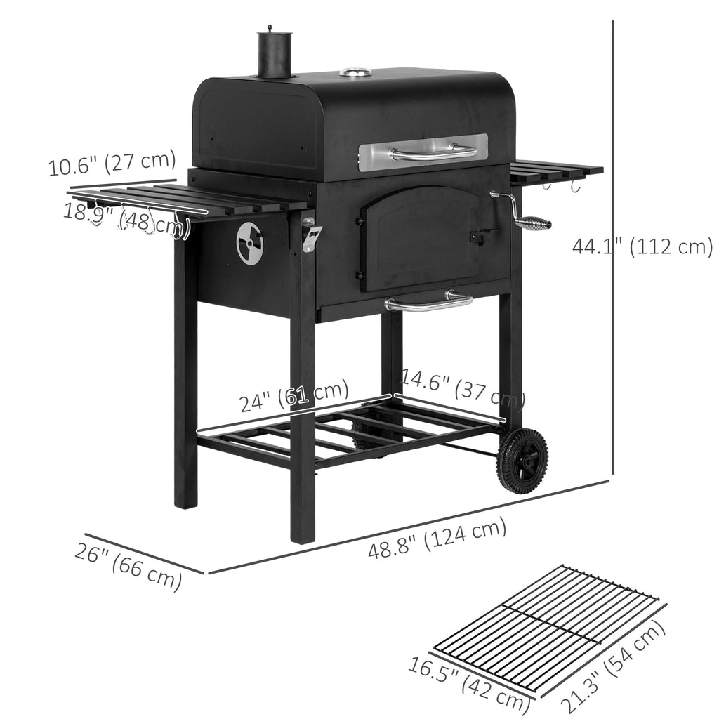 Charcoal Smoker Adjustable Height, Folding Shelves, Thermometer, and Wheels, Black
