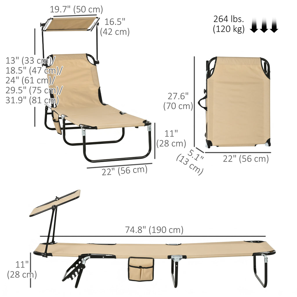2 Piece Folding Outdoor Chaise Lounges, Pool, Sun, Tanning Chairs with Reclining Back, Sunshade for Beach, Patio, Tan