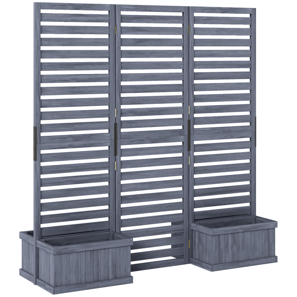 Outdoor Privacy Screen Wood Privacy Panel with 4 Planter Boxes, Raised Bed with 3 Panels, Drainage Holes, Grey