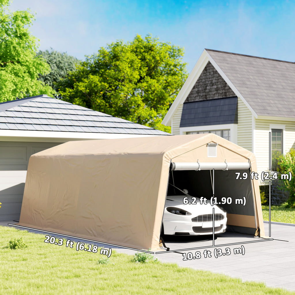 11' x 20' Portable Garage, Heavy Duty Carport Canopy with Ventilation Windows and Large Roll-up Door, Khaki