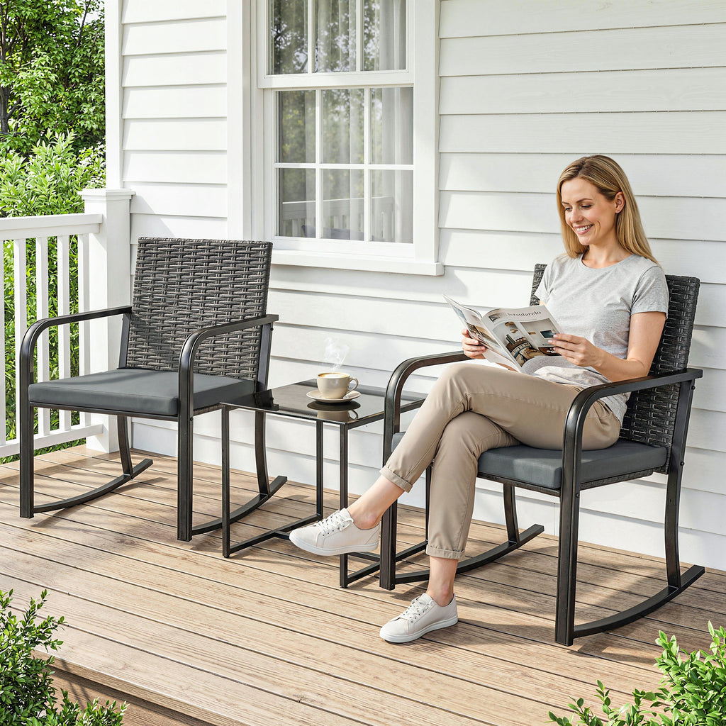 3 Pieces Rocking Bistro Set Outdoor Patio Furniture Set with Cushions, Glass Coffee Table for Balcony, Grey