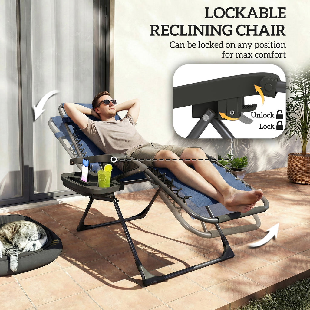 Zero Gravity Chair Set of 2, Folding Reclining Outdoor Lounge Chair with Cup Holder, Headrest, Dark Blue