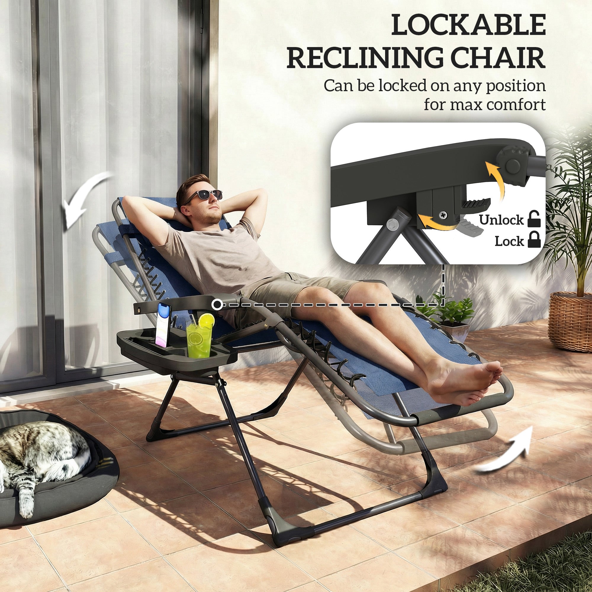 Zero Gravity Chair Set of 2, Folding Reclining Outdoor Lounge Chair with Cup Holder, Headrest, Dark Blue