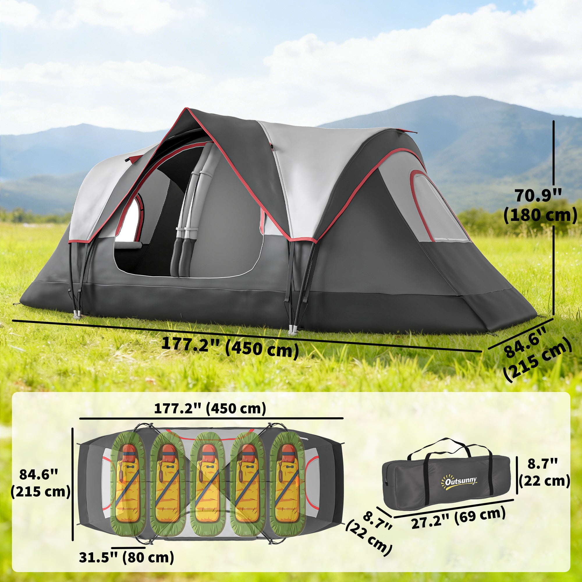 Camping Tent for 6 Man with 2000mm Waterproof Rainfly and Carry Bag for Fishing Hiking Festival, Dark Grey