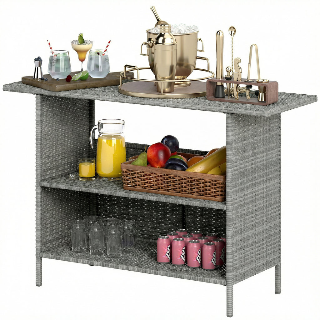 Wicker Outdoor Bar Table, PE Rattan Bar Height Patio Table with 2 Shelves, Steel Frame for Garden, Backyard, Dark Grey