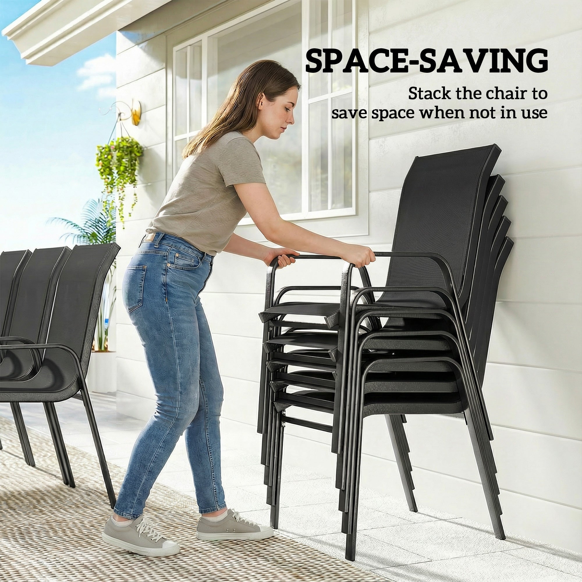 9 Pieces Patio Set with Stackable Chairs, Patio Dining Set with Glass Top for Garden, Patio, Backyard, Black