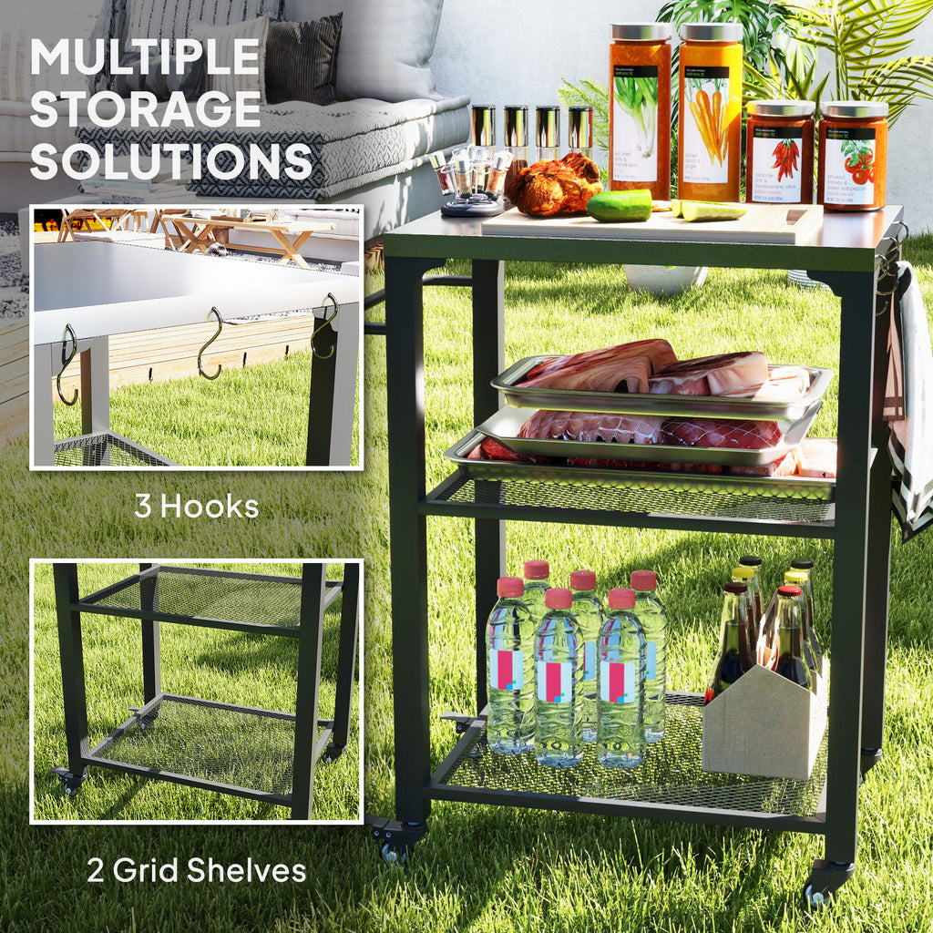 3-Shelf Outdoor Grill Cart Table with Stainless Steel Top, Hooks, Pizza Oven Stand on Wheels