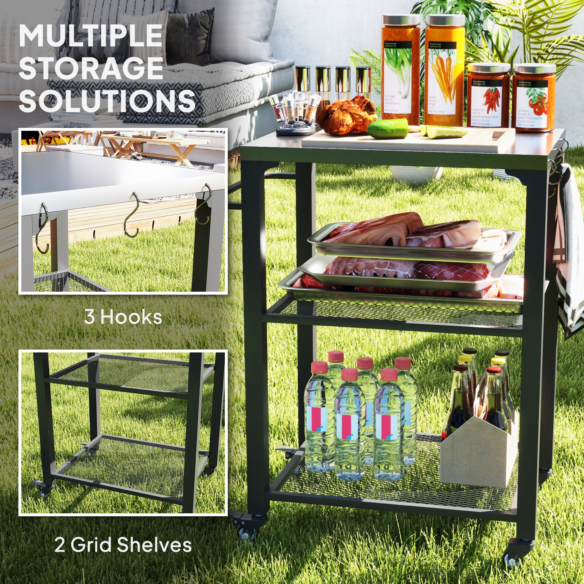 3-Shelf Outdoor Grill Cart Table with Stainless Steel Top, Hooks, Pizza Oven Stand on Wheels
