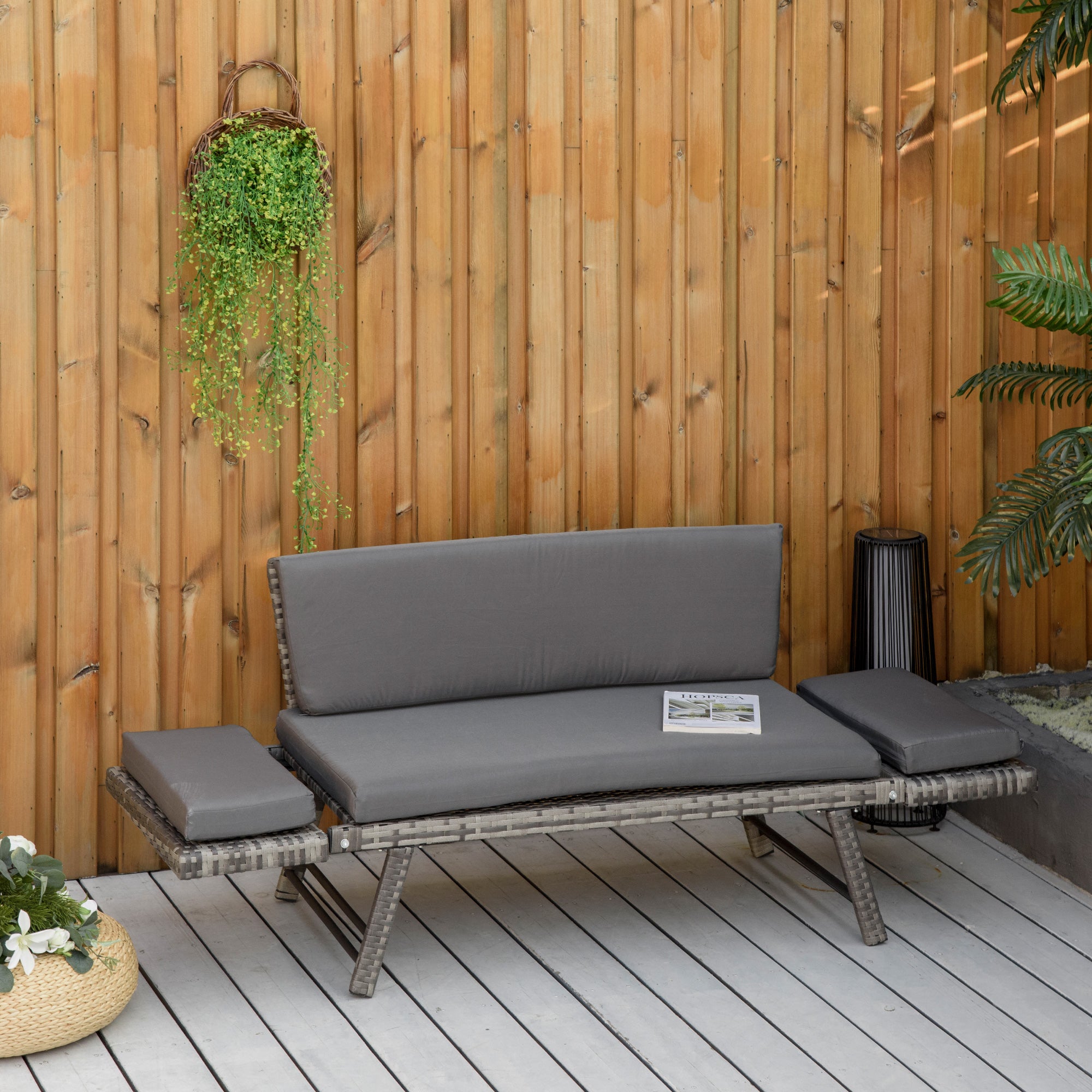 Convertible Wicker Loveseat Grey Patio Chaise Lounge