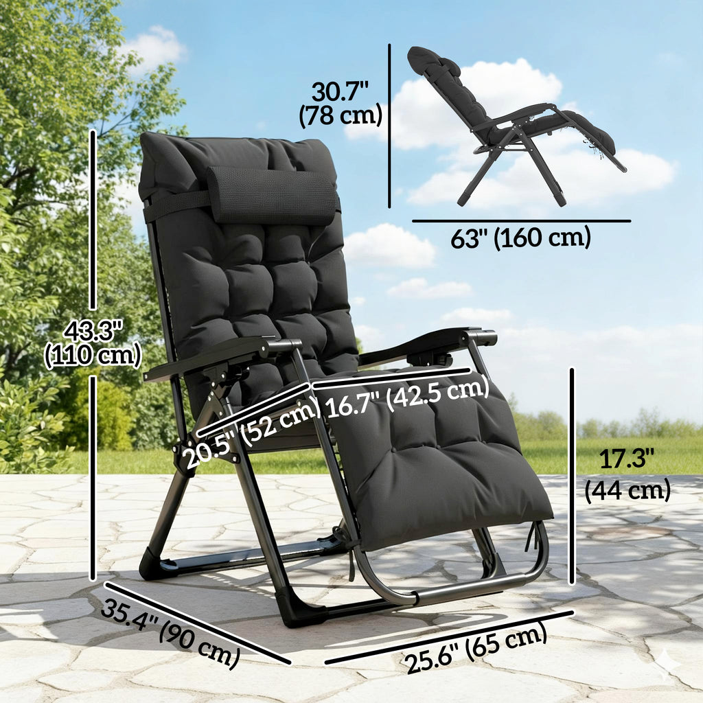 Folding Garden Chair, Reclining Zero Gravity Chair, Sun Lounger with Cushion and Headrest, Black