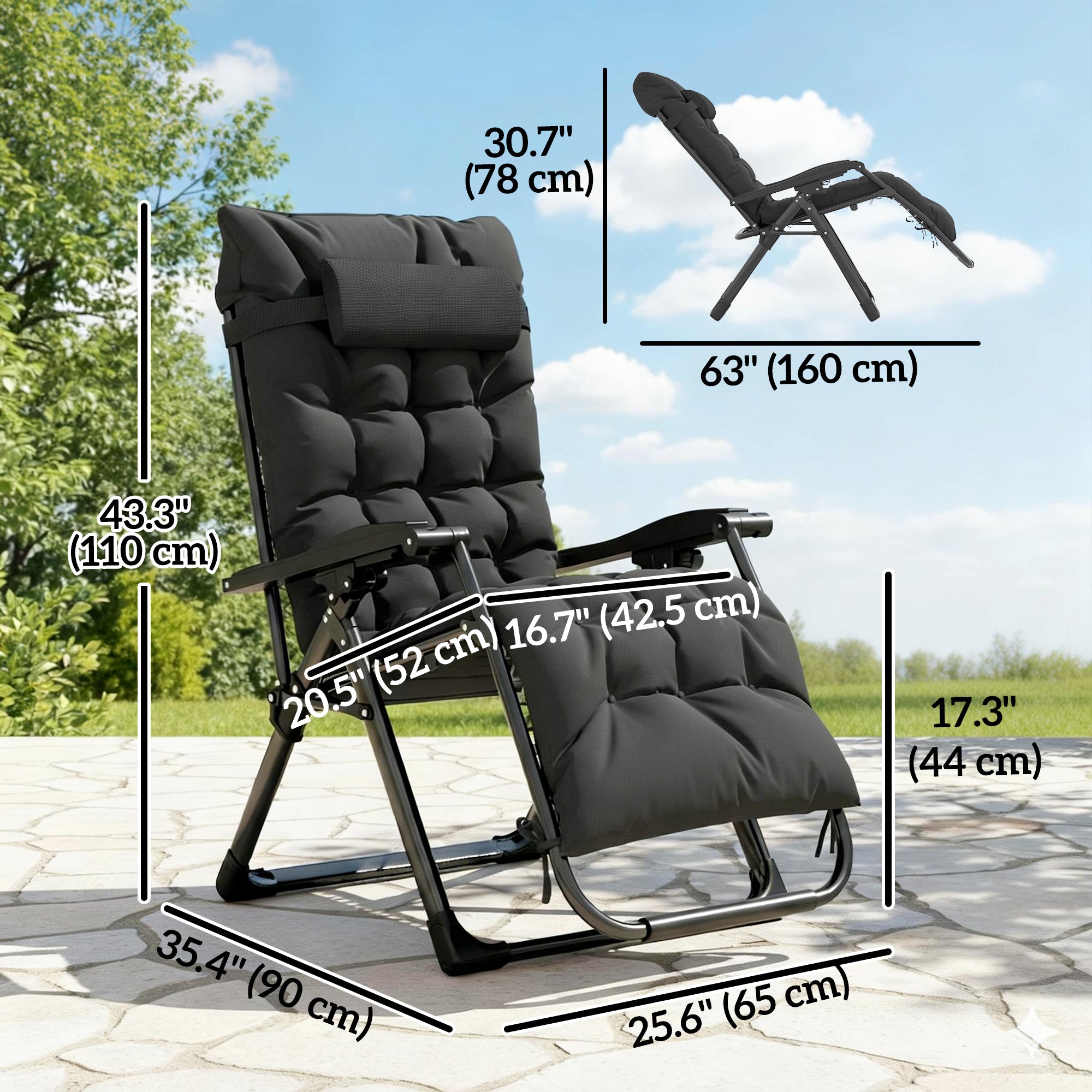 Folding Garden Chair, Reclining Zero Gravity Chair, Sun Lounger with Cushion and Headrest, Black