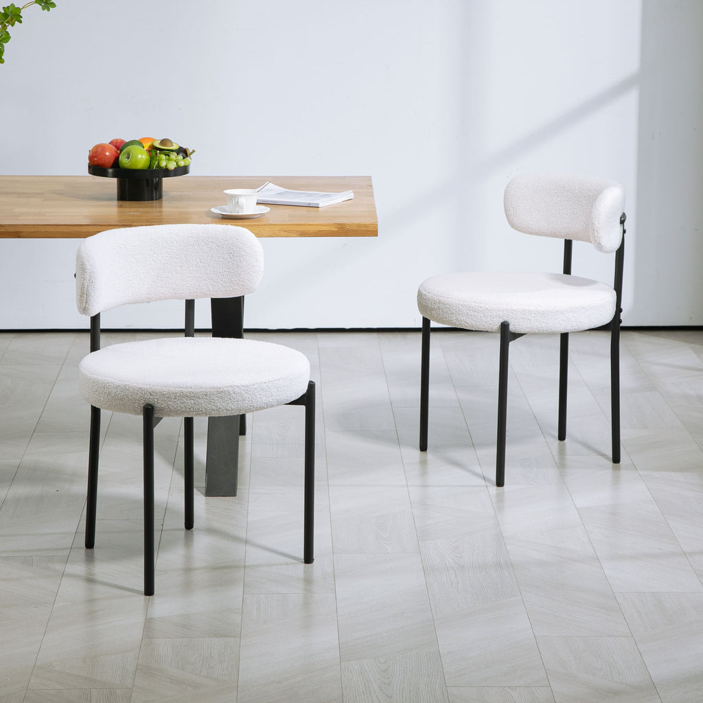 2 Pieces Kitchen Chairs, Modern Dining Chairs w/ Berber Fleece Upholstery and Steel Legs for Living Room, Cream White