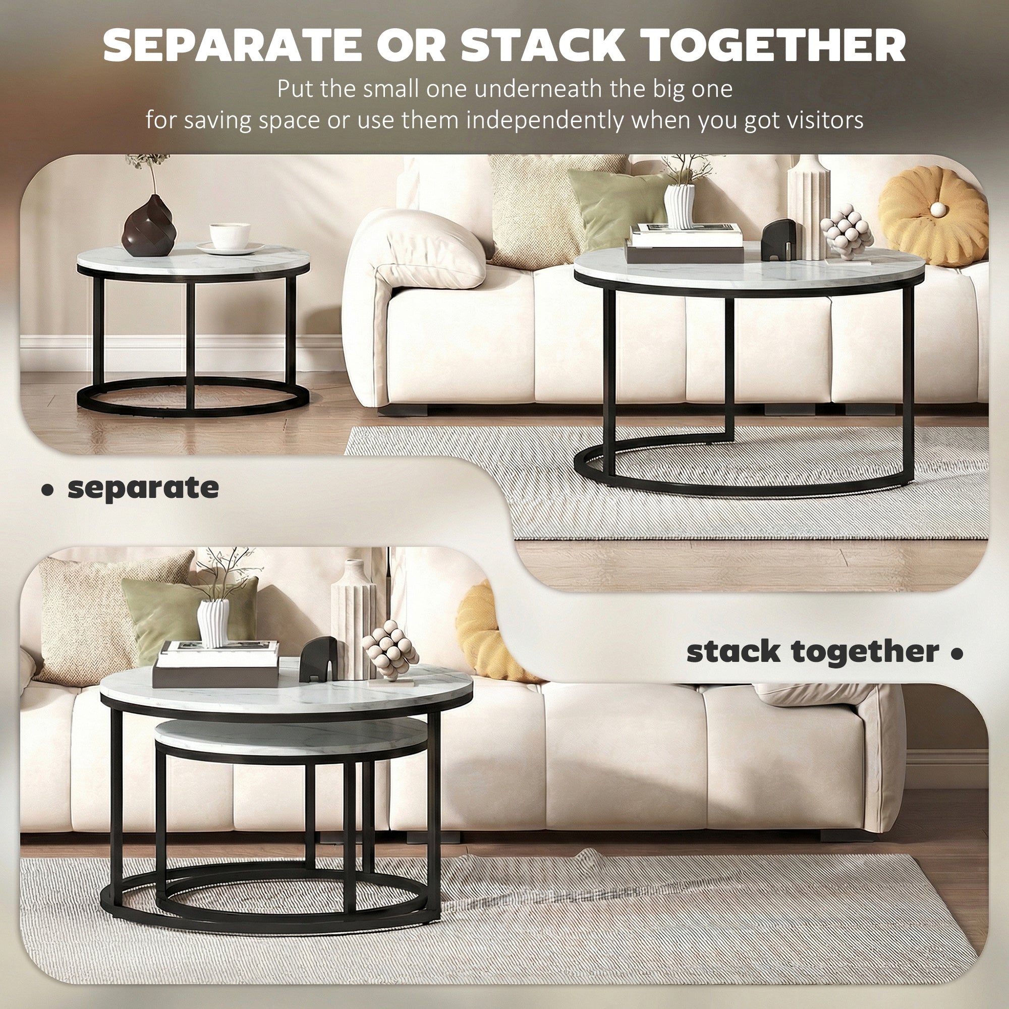 Modern Coffee Table Set of 2, Nesting Side Tables w/ Metal Base for Living Room Bedroom Office Marble White