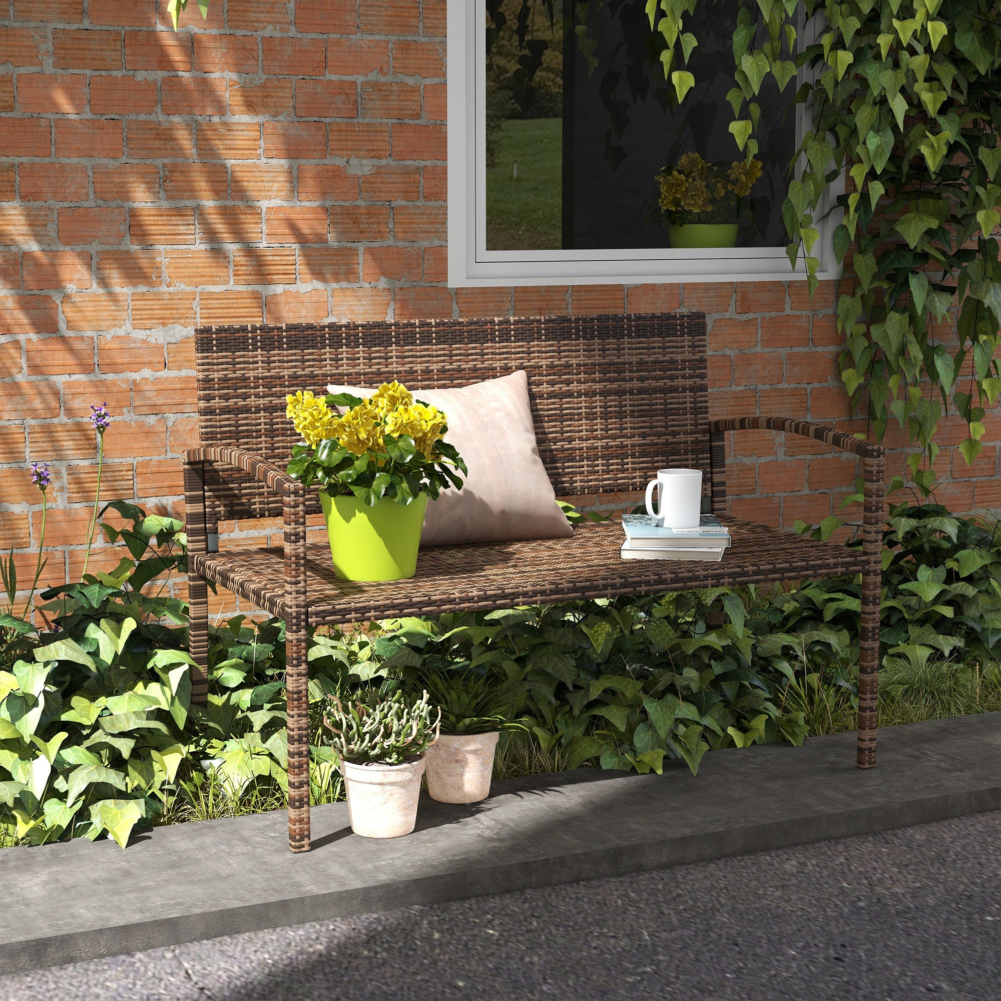 Rattan Wicker Loveseat Garden Furniture Leisure Chair with Armrests Brown