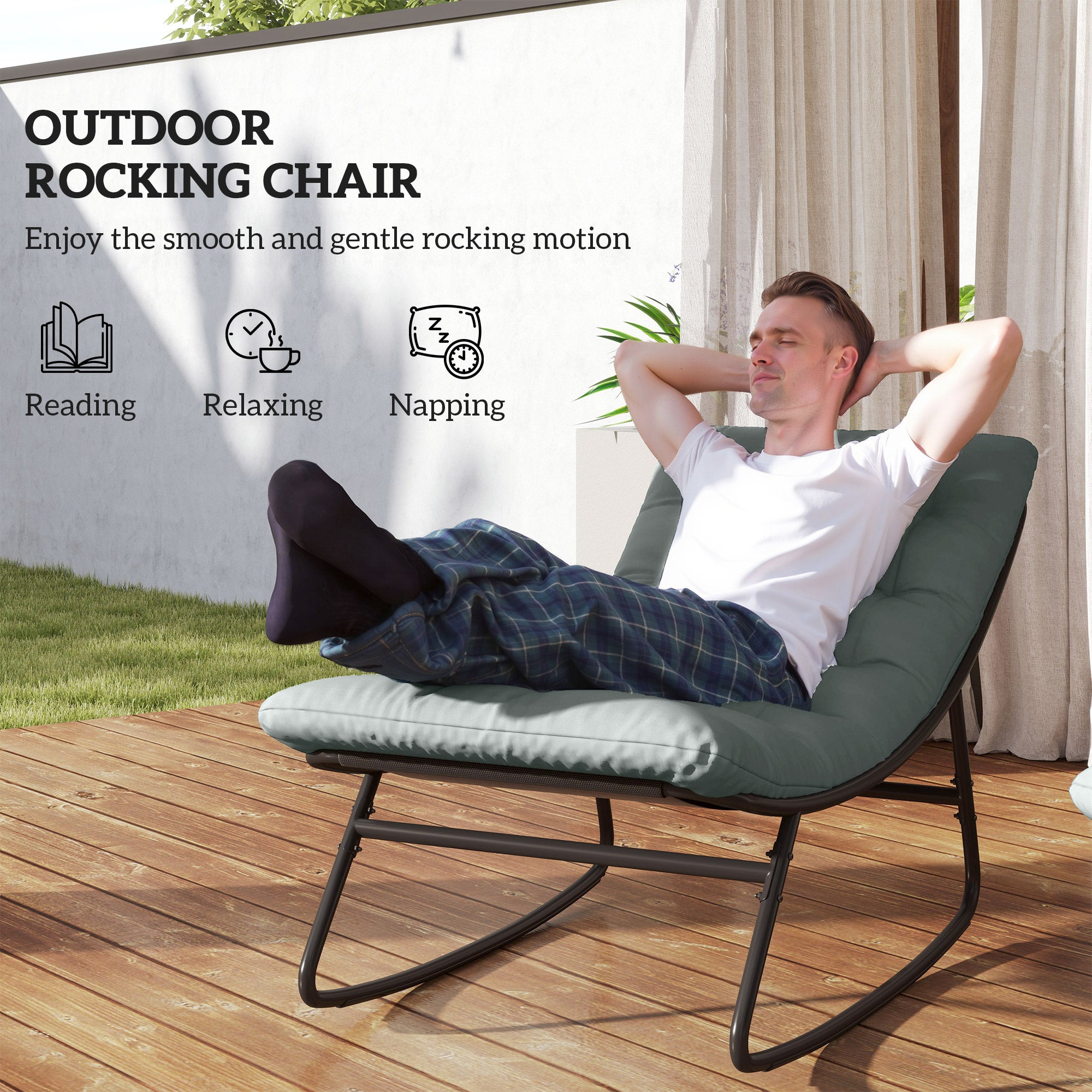 Outdoor Patio Rocking Chair with Cushion, Steel Frame Balcony Chair with Mesh Deep Seat for Porch, Garden, Grey