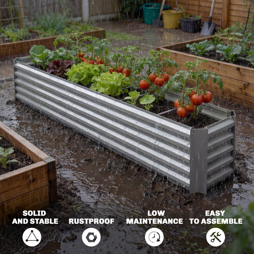 8' x 1.3' x 1.5' Galvanized Raised Bed, Large Elevated Planter Box for Growing Flowers, Herbs and Vegetables, Silver