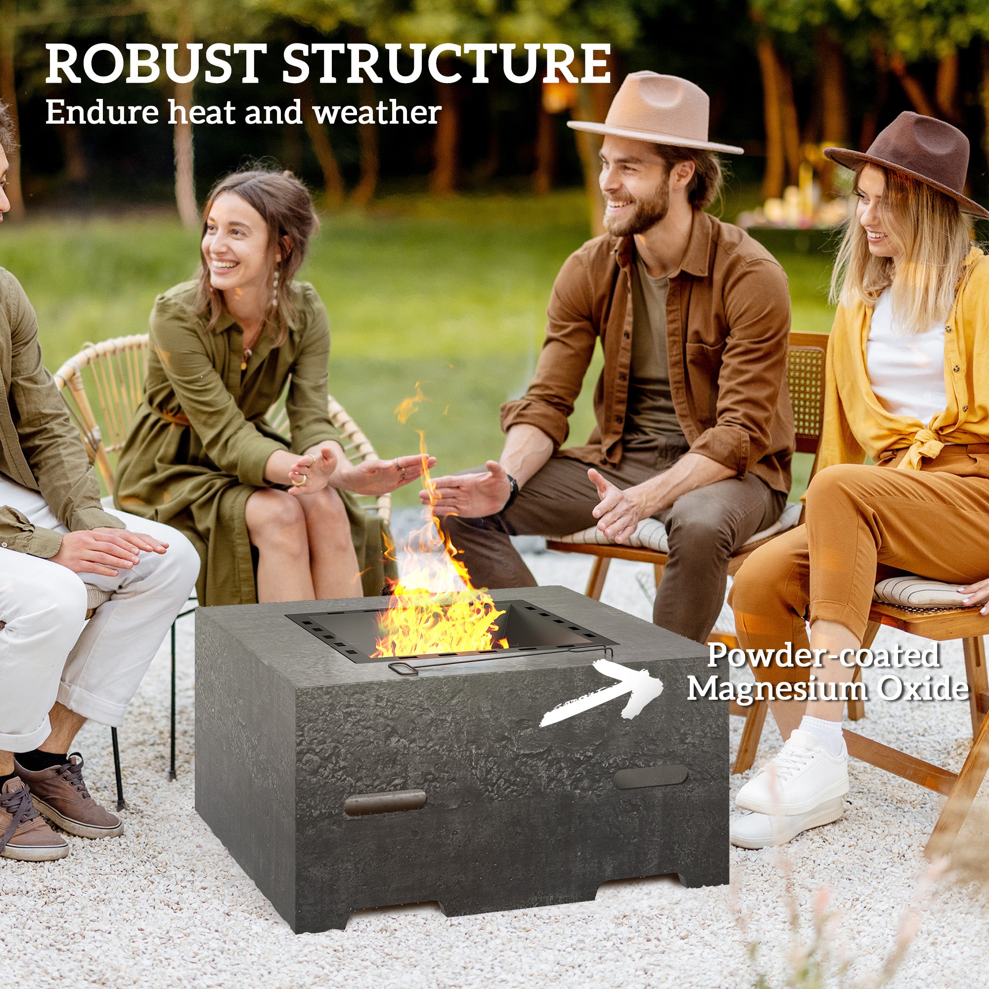 Fire Pit with Fire Poker, Wood Burning Firepit for Outside with Mesh Lid, Magnesium Oxide Stone Texture, Charcoal Grey