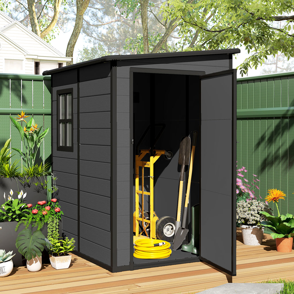 4'x5' Garden Storage Shed, Lean to Shed, Lockable Garden Tool Storage House with Window, Vent, Dark Grey