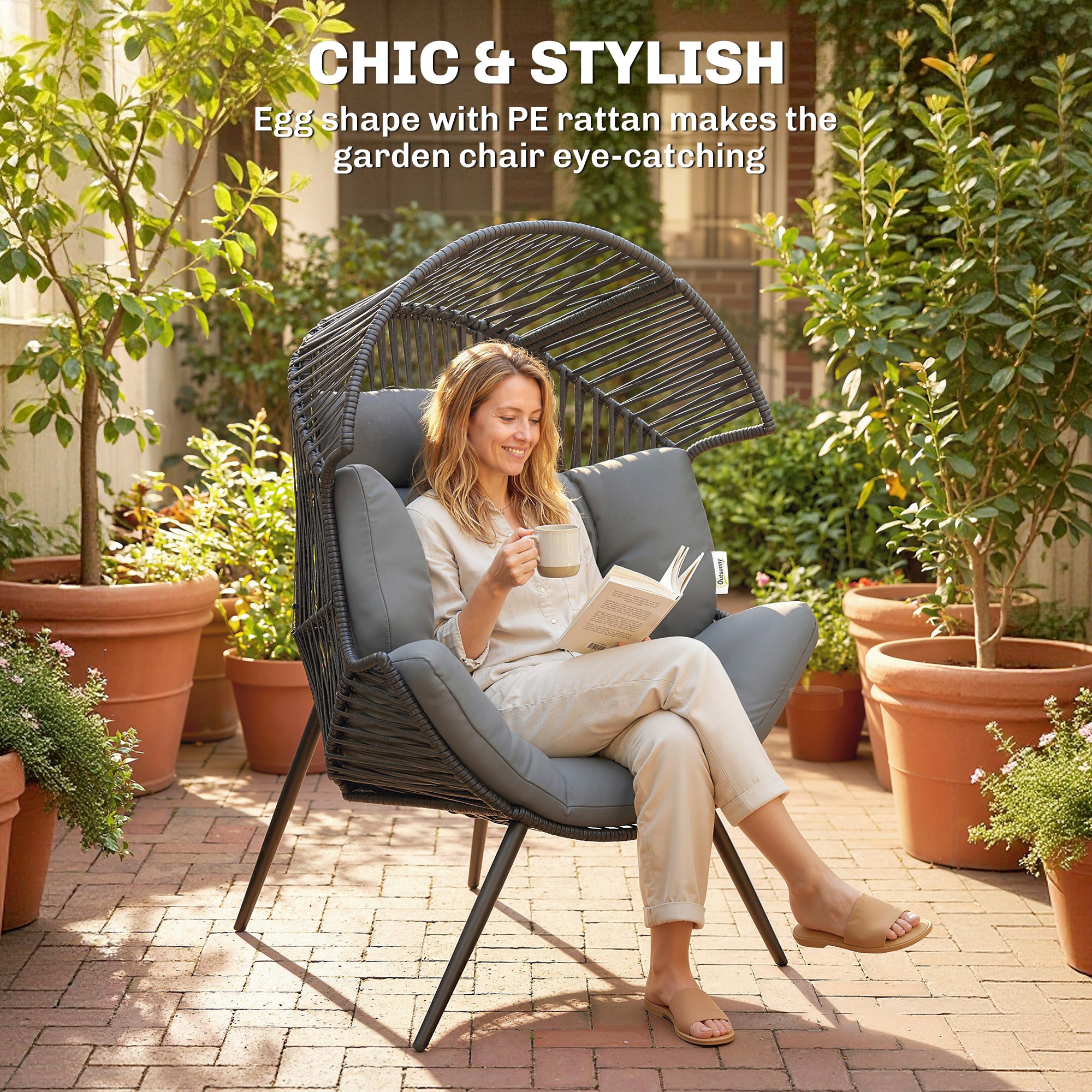 Wicker Egg Chair, Indoor Outdoor Rattan Lounge Chair with Thick Cushion and Headrest, Steel Frame, Adjustable Pads, Grey