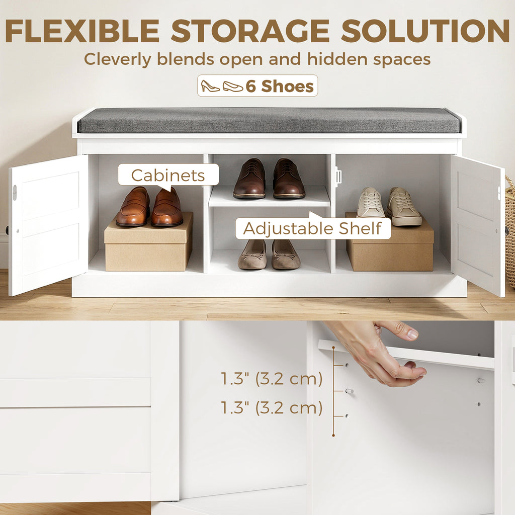 2 in 1 Coat Rack Shoe Bench Set with 6 Hooks and Shoe Storage Bench, White and Grey