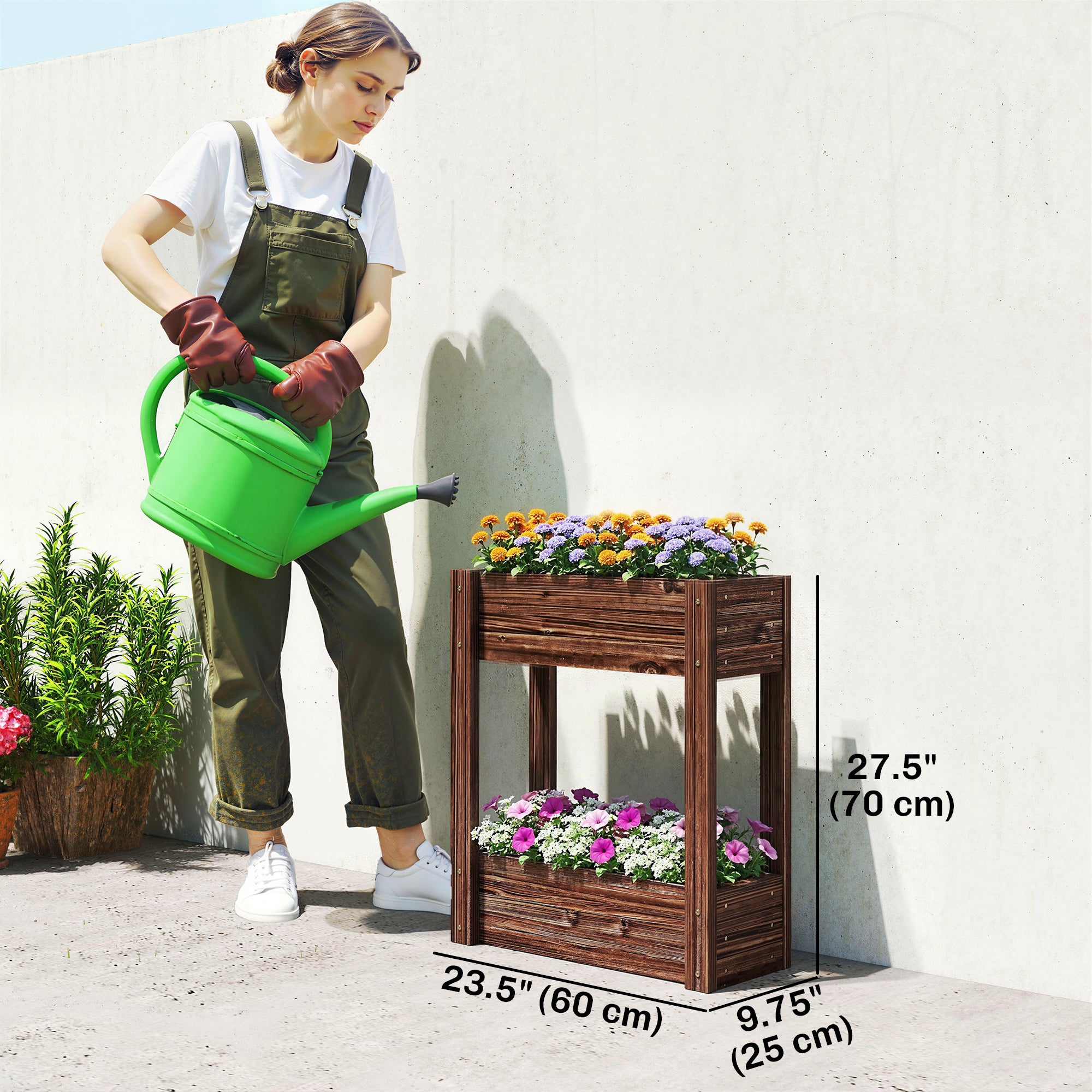 2-Tier Wooden Raised Garden Bed with Legs, 23.6" x 9.8" x 27.6" Elevated Planter Box with Drainage Holes and Bed Liner