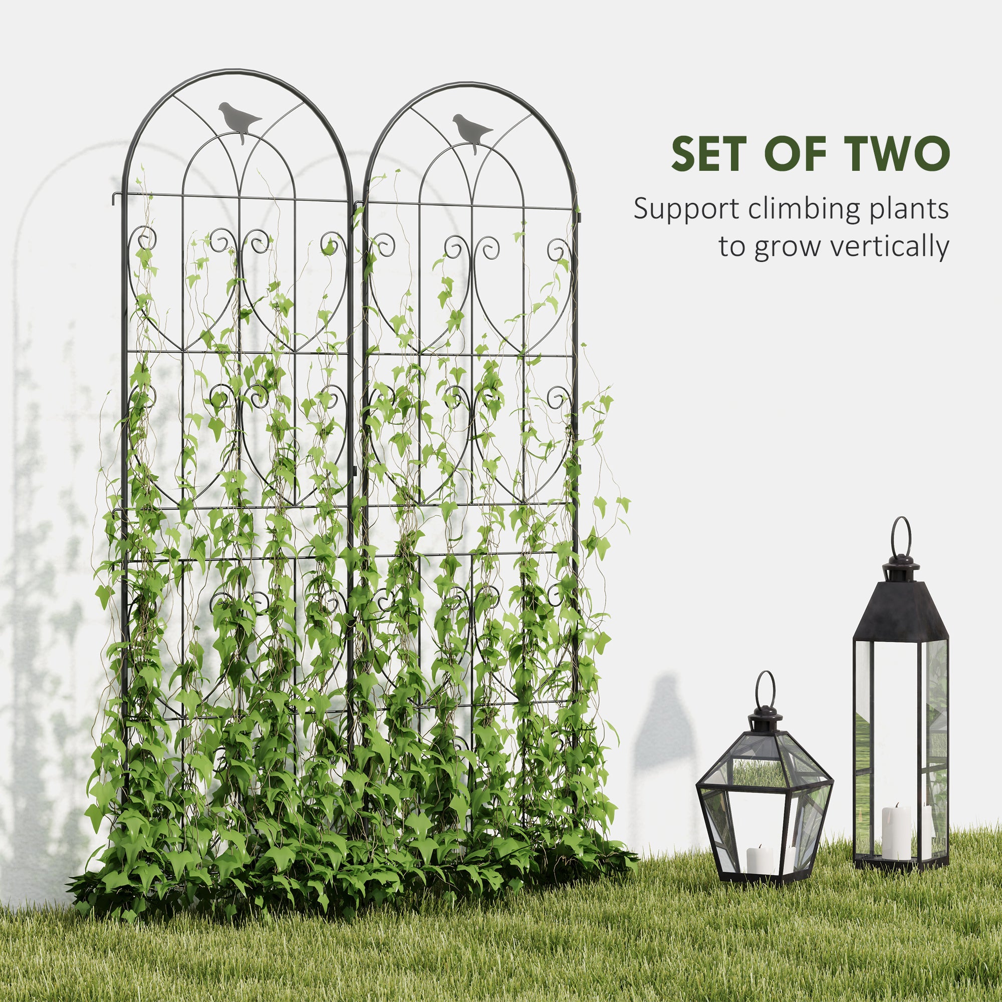 Set of 2 Metal Garden Trellis, Decorative Trellis Panels, Bird Design, 180 x 50 cm, Black