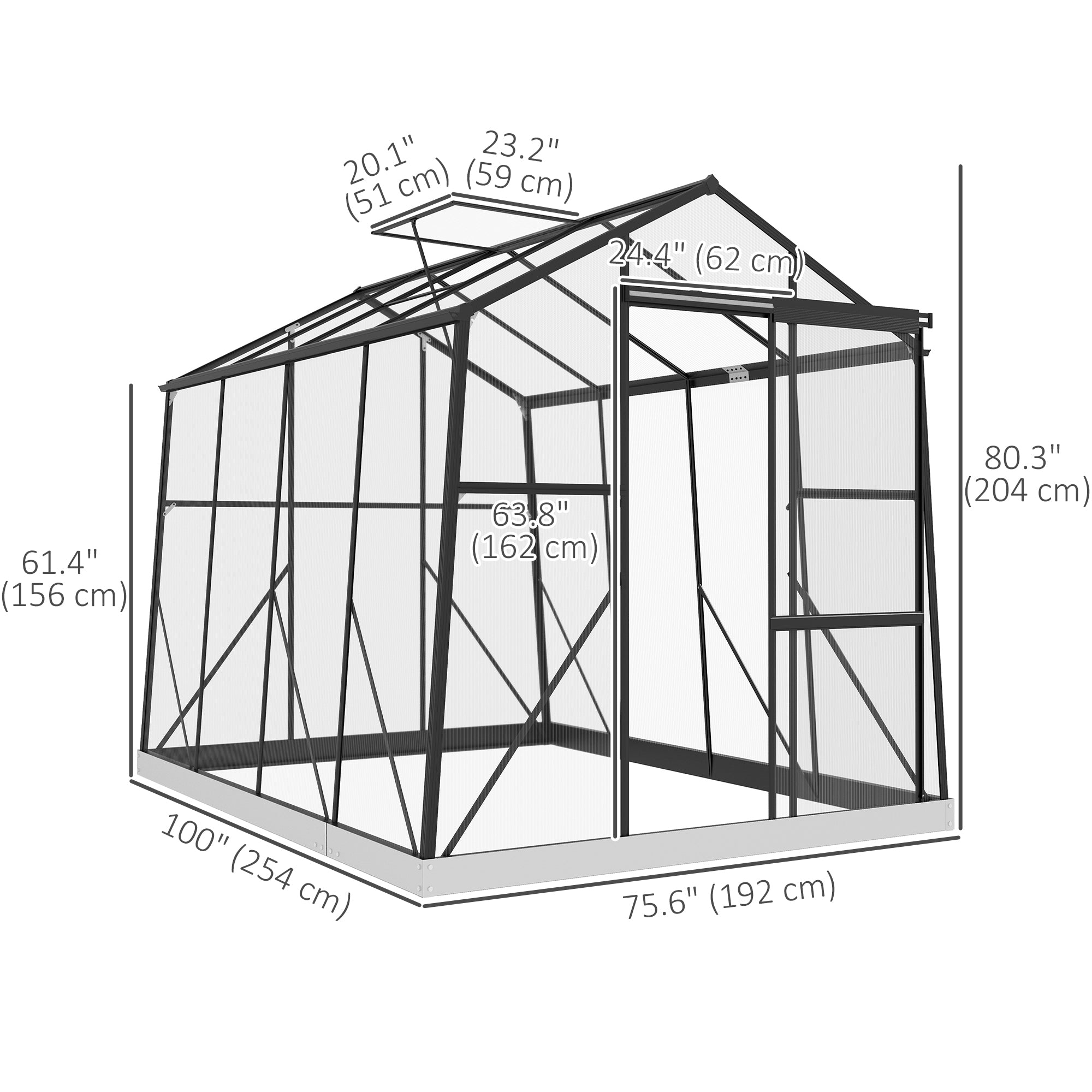 6' x 8' Walk-in Polycarbonate Greenhouse Aluminium Green House with Sliding Door, 5-Level Roof Vent, Rain Gutter