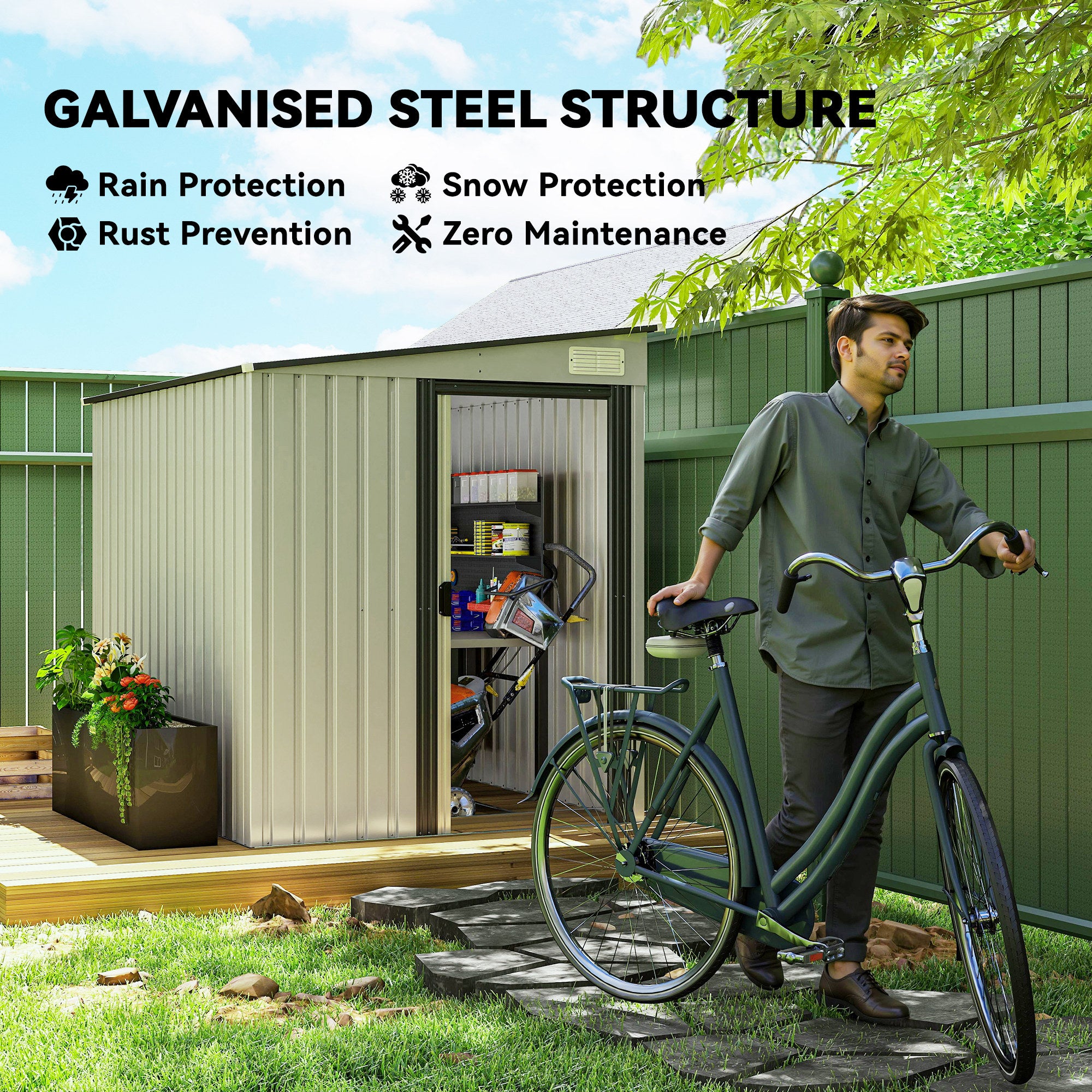 5x7 Garden Shed, Lean-to Metal Storage with Foundation, Sliding Door & 2 Vents for Garden Tools, White