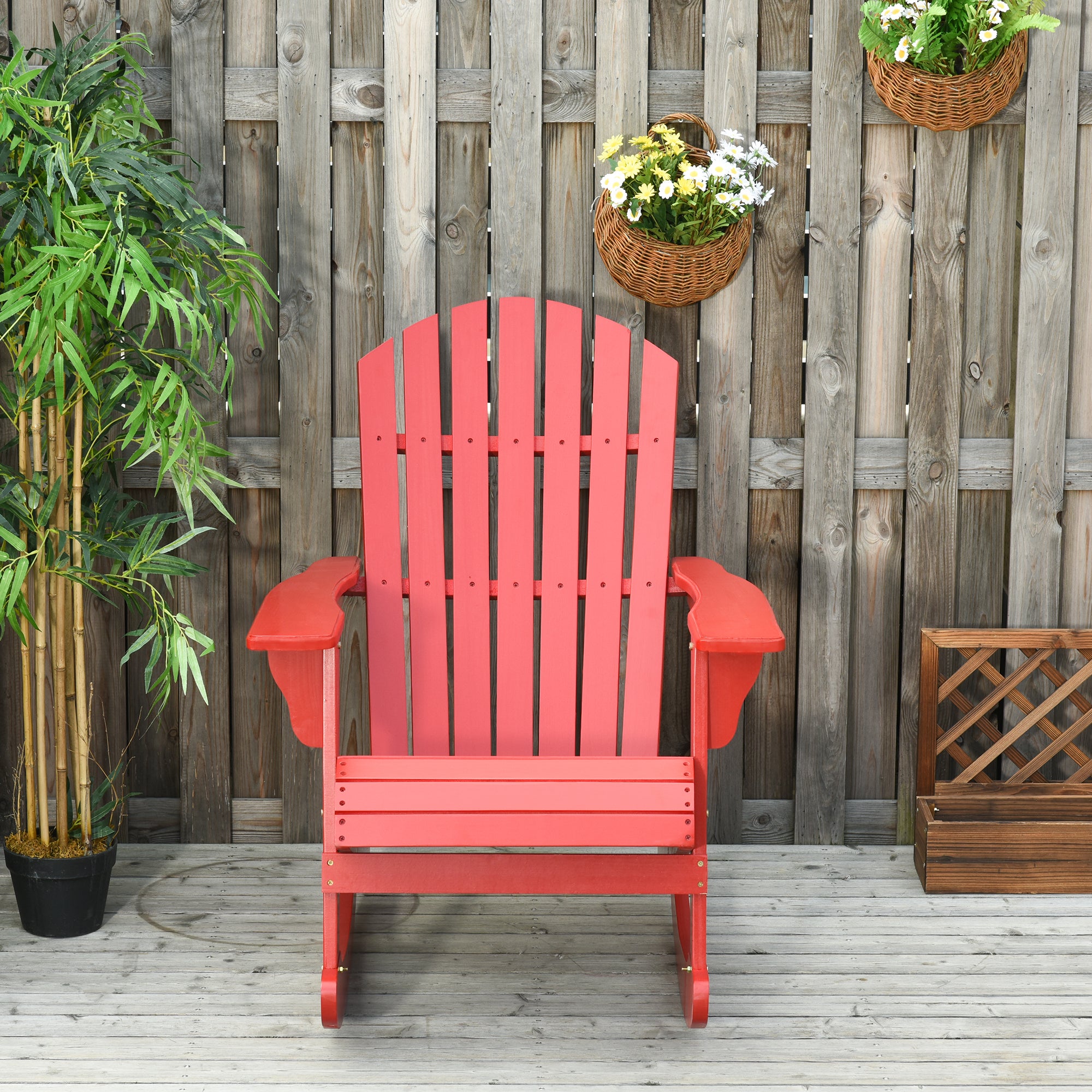 Wooden Adirondack Rocking Muskoka Chair with Slatted Wooden Design, Fanned Back and Classic Rustic Style, Red