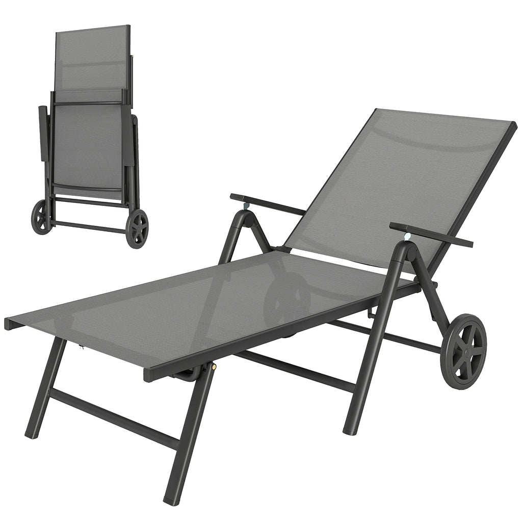 Outdoor Lounge Chair, 5-Level Adjustable Folding Chaise Chair with 2 Wheels for Backyard, Beach, Poolside, Grey
