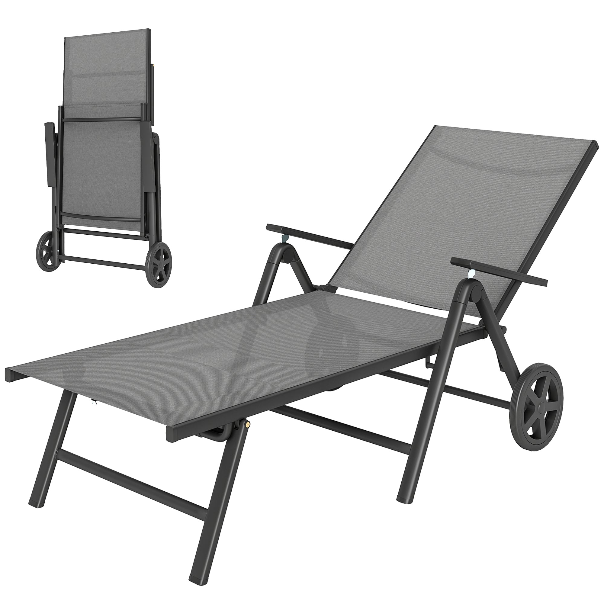 Outdoor Lounge Chair, 5-Level Adjustable Folding Chaise Chair with 2 Wheels for Backyard, Beach, Poolside, Grey