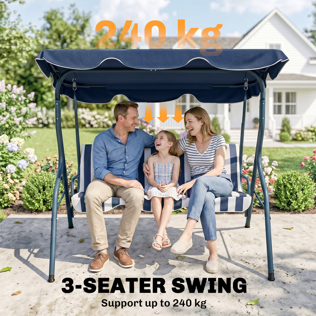Outdoor Porch Swing with Adjustable Canopy, 3-Seater Patio Swing Chair with Cushion, Blue