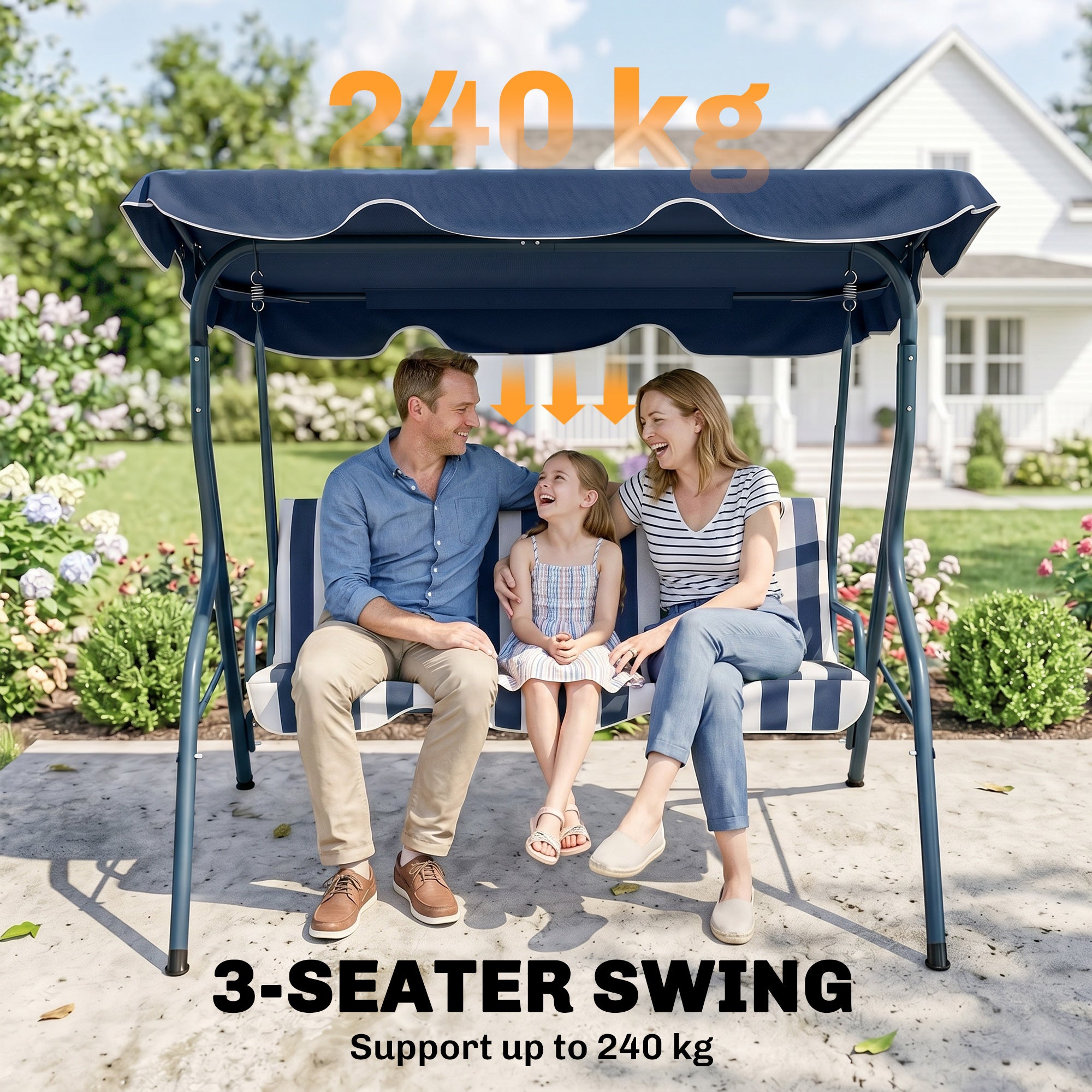 Outdoor Porch Swing with Adjustable Canopy, 3-Seater Patio Swing Chair with Cushion, Blue