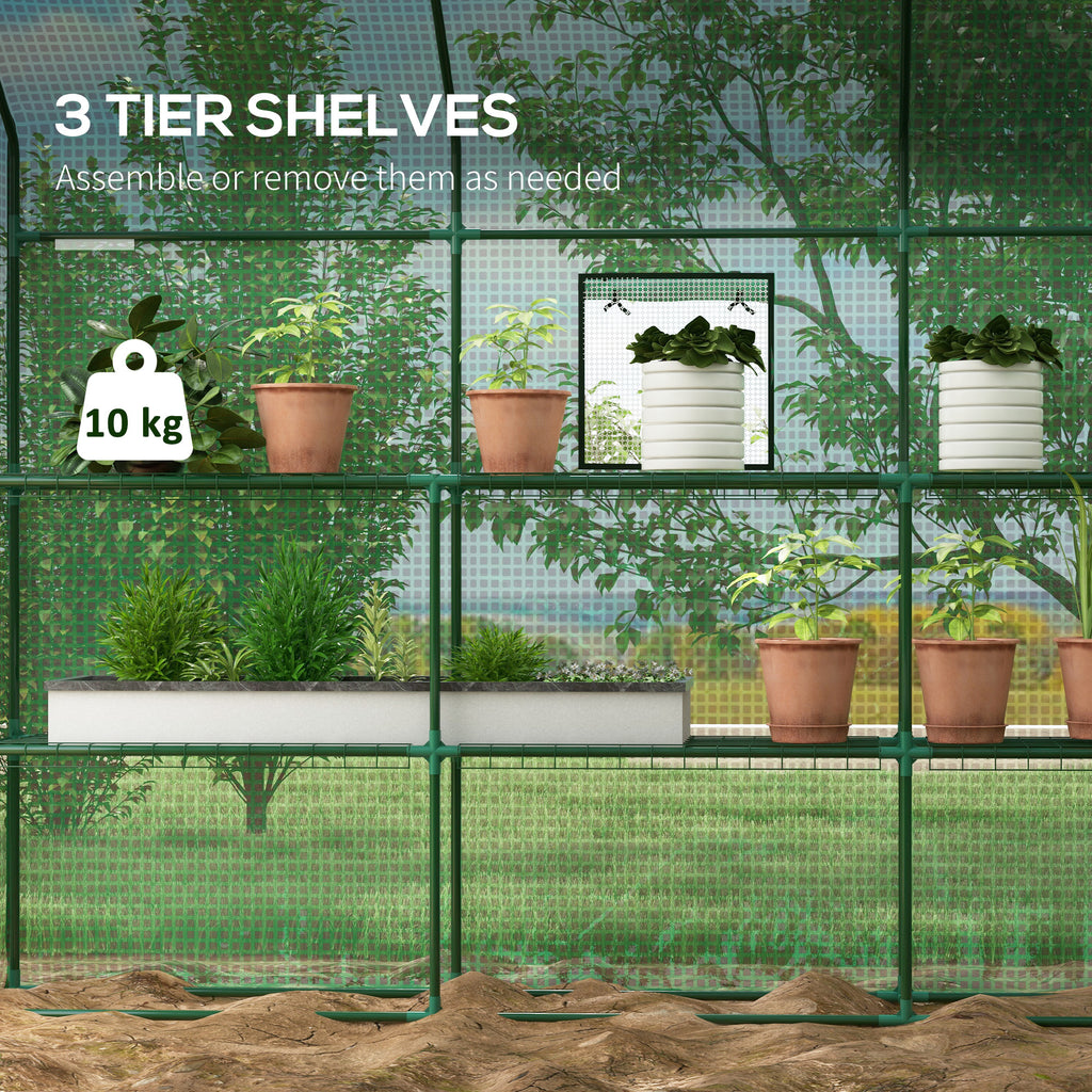 Walk-in Greenhouse with 3 Tier, Garden Plant Growhouse with Roll-up Door and Mesh Windows, 140 x 213 x 190 cm, Green