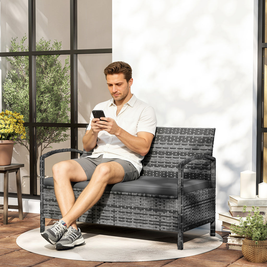 33 Gallon Outdoor Storage Bench, Wicker Deck Box Patio Bench Seat with Cushion, Grey