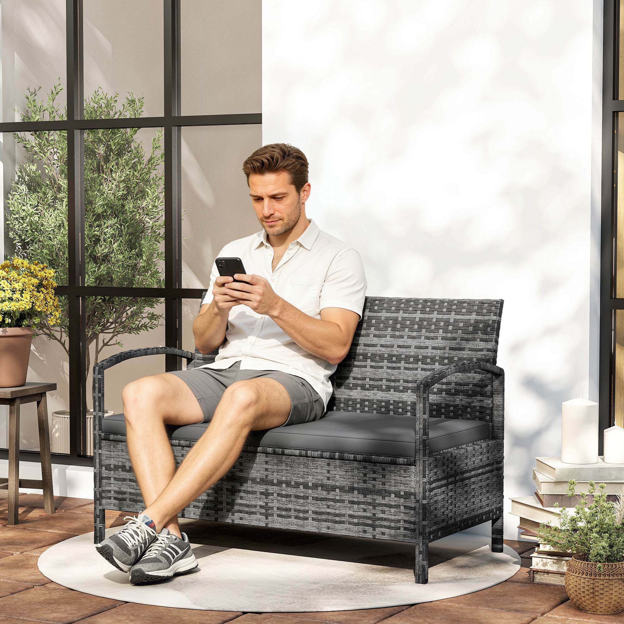 33 Gallon Outdoor Storage Bench, Wicker Deck Box Patio Bench Seat with Cushion, Grey