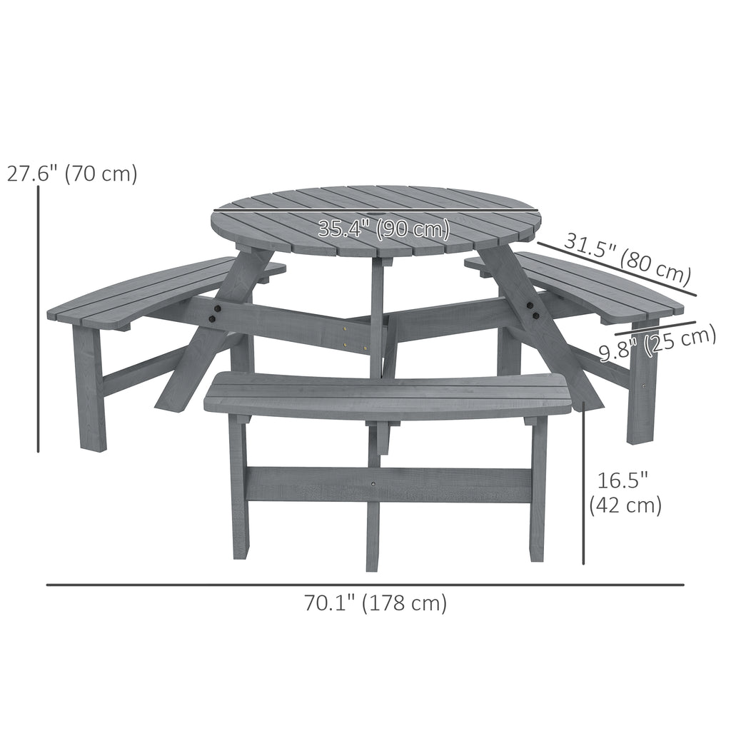 6 Person Round Picnic Table Bench Set with Umbrella Hole, Wood Patio Table with 3 Built-in Benches for Garden, Deck, Backyard, Grey