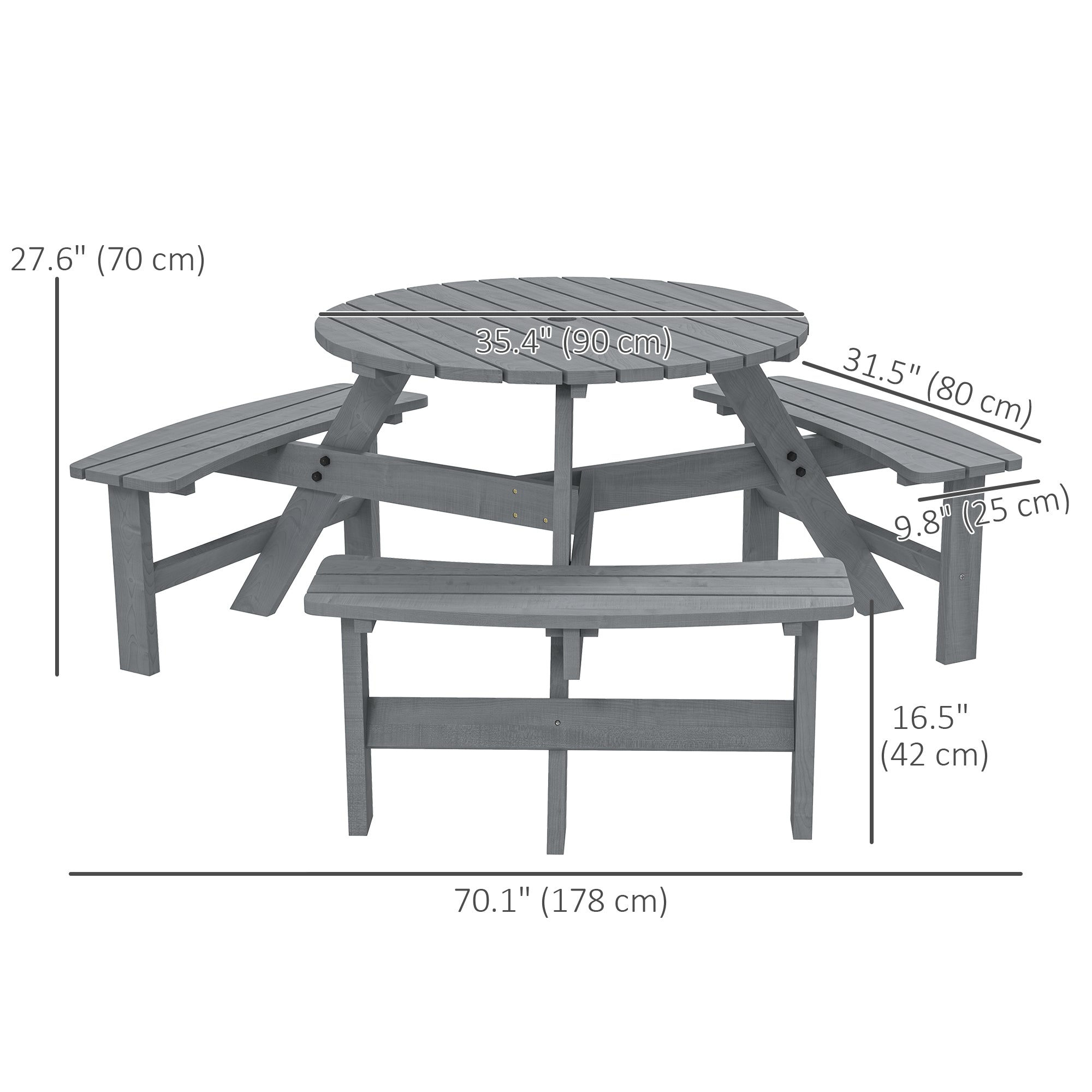 6 Person Round Picnic Table Bench Set with Umbrella Hole, Wood Patio Table with 3 Built-in Benches for Garden, Deck, Backyard, Grey