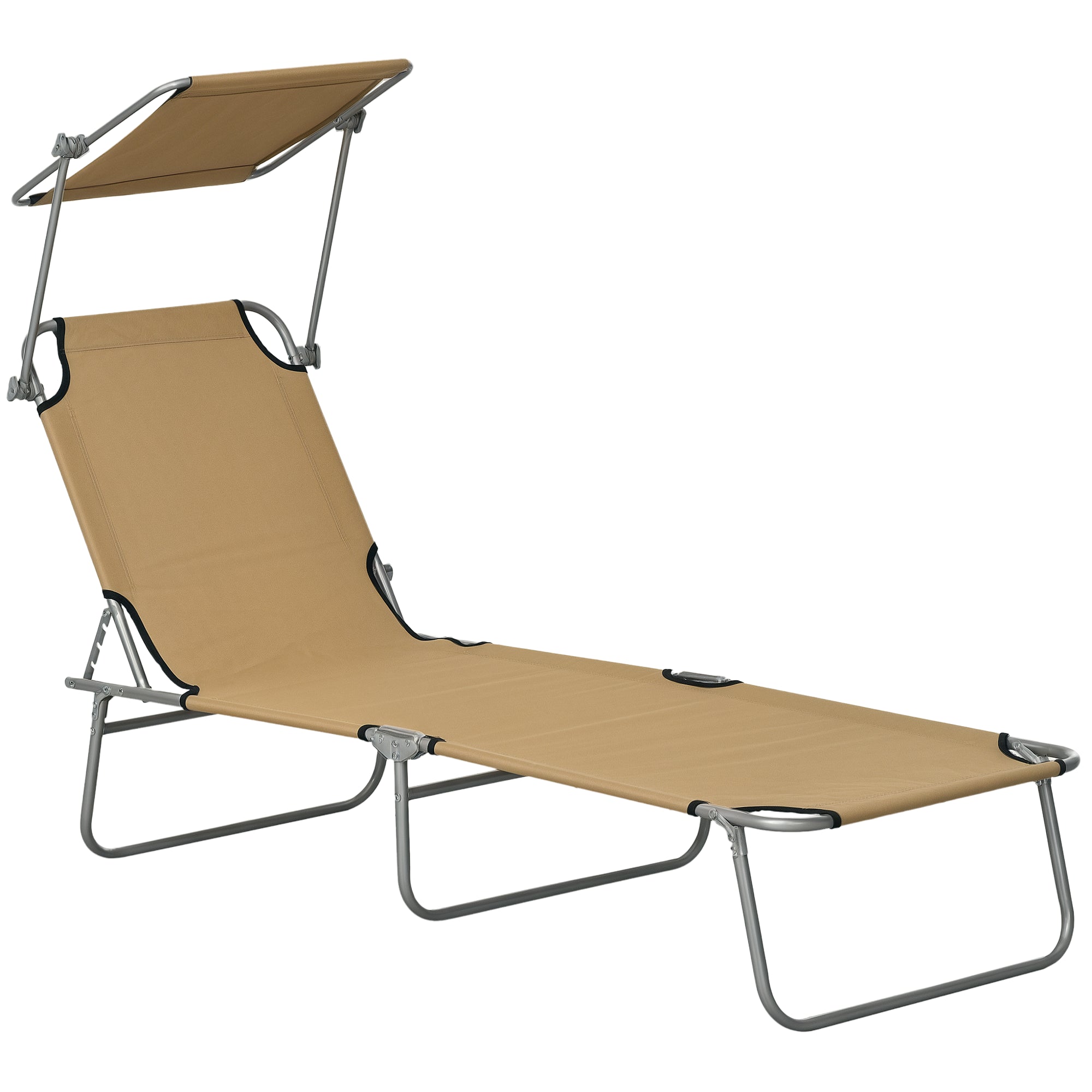 Outdoor Lounge Chair, Adjustable Folding Chaise Lounge with Sun Shade for Beach, Camping, Hiking, Brown