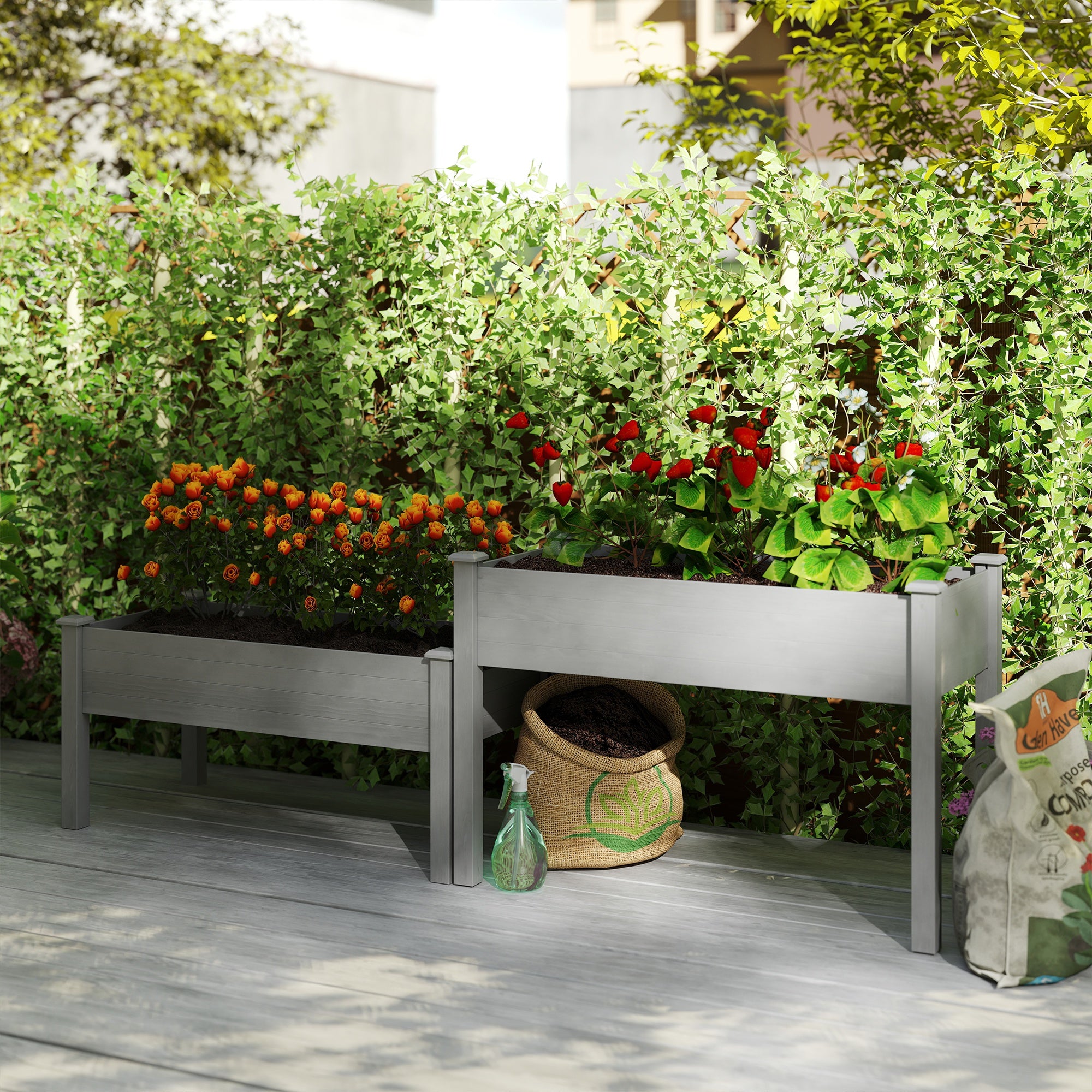 2 Tiers Wood Plant Raised Bed Flower Vegetable Herb Grow Box Stand Garden  Step Planter Stand Free Combination Grey