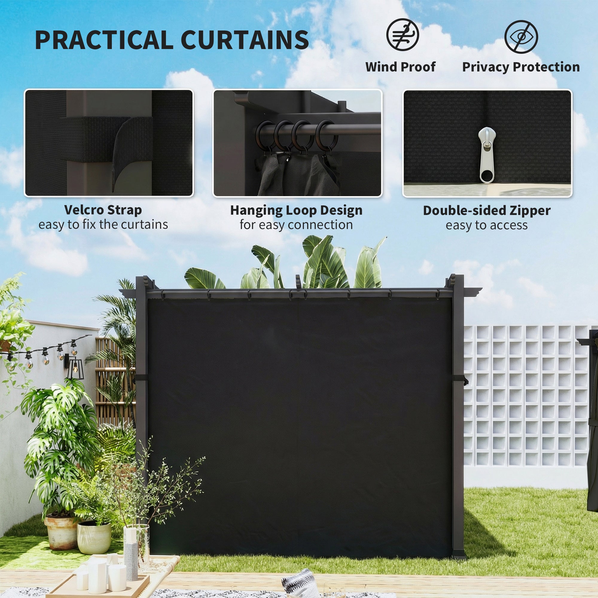 Metal Pergola with Sliding Roof Canopy, Retractable Pergola Canopy, 10' x 10', Black